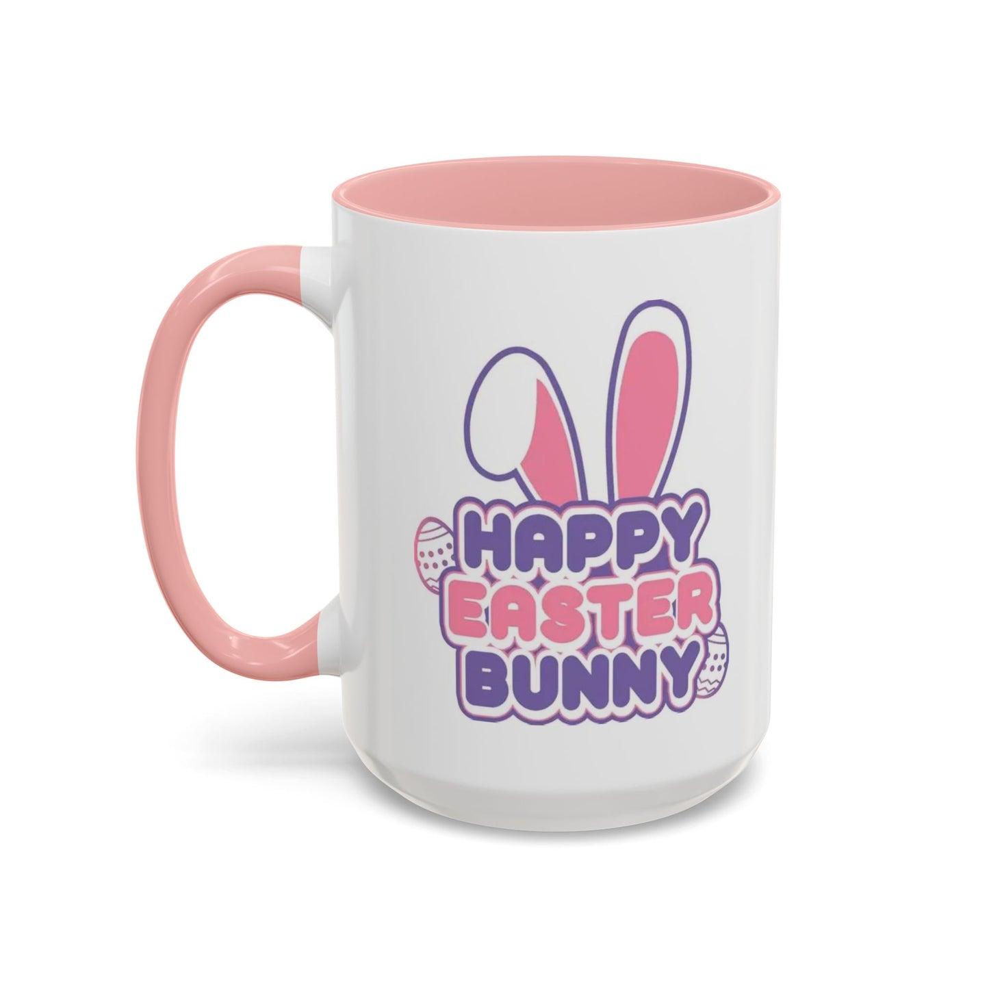 Happy Easter Bunny Accent Coffee Mug — Pink Interior 11/15oz, Cute Holiday Gift