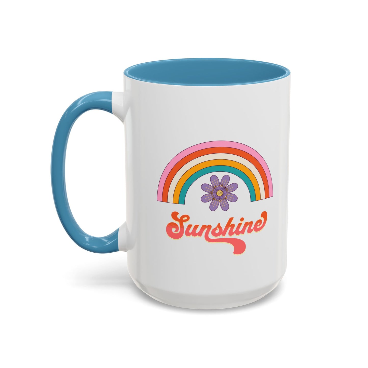 Sunshine Rainbow Accent Coffee Mug — Retro Flower 70s Vibe