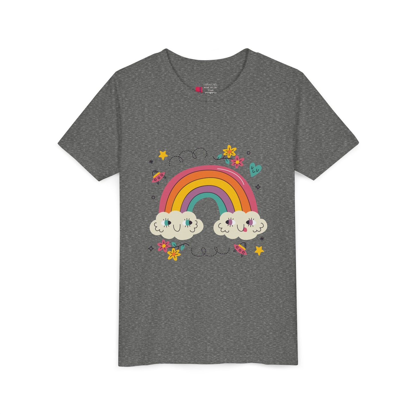 Youth Rainbow Tee — Cute Smiling Clouds & Rainbow Kids Shirt
