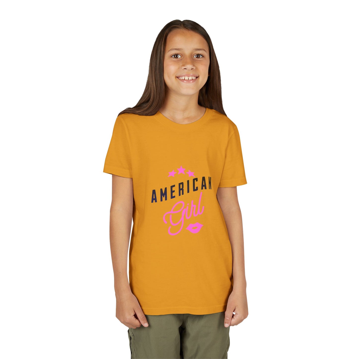 American Girl Youth Tee — Pink Script Stars Patriotic Kids Shirt