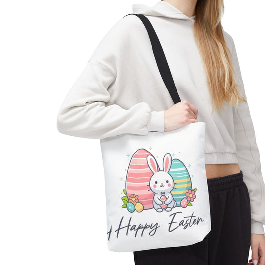 Easter Bunny Tote Bag — Cute "Happy Easter" Bunny with Colorful Eggs