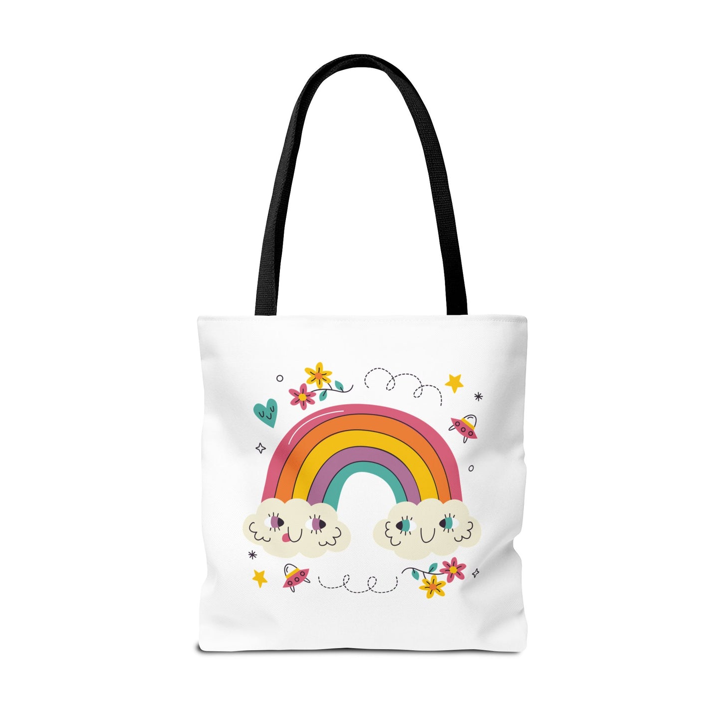 Cute Rainbow Tote Bag — Kawaii Smiling Clouds, Floral & Heart Print