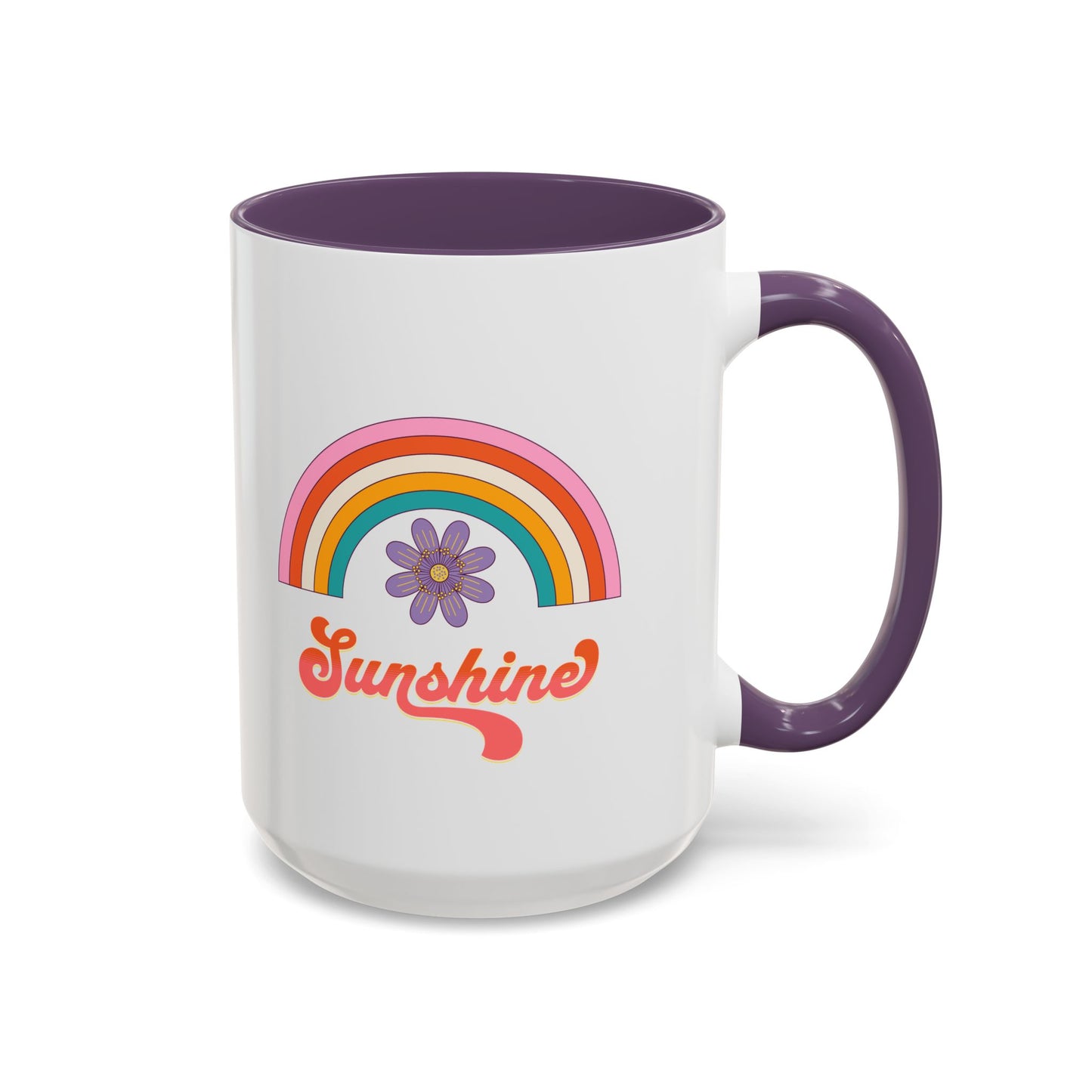Sunshine Rainbow Accent Coffee Mug — Retro Flower 70s Vibe