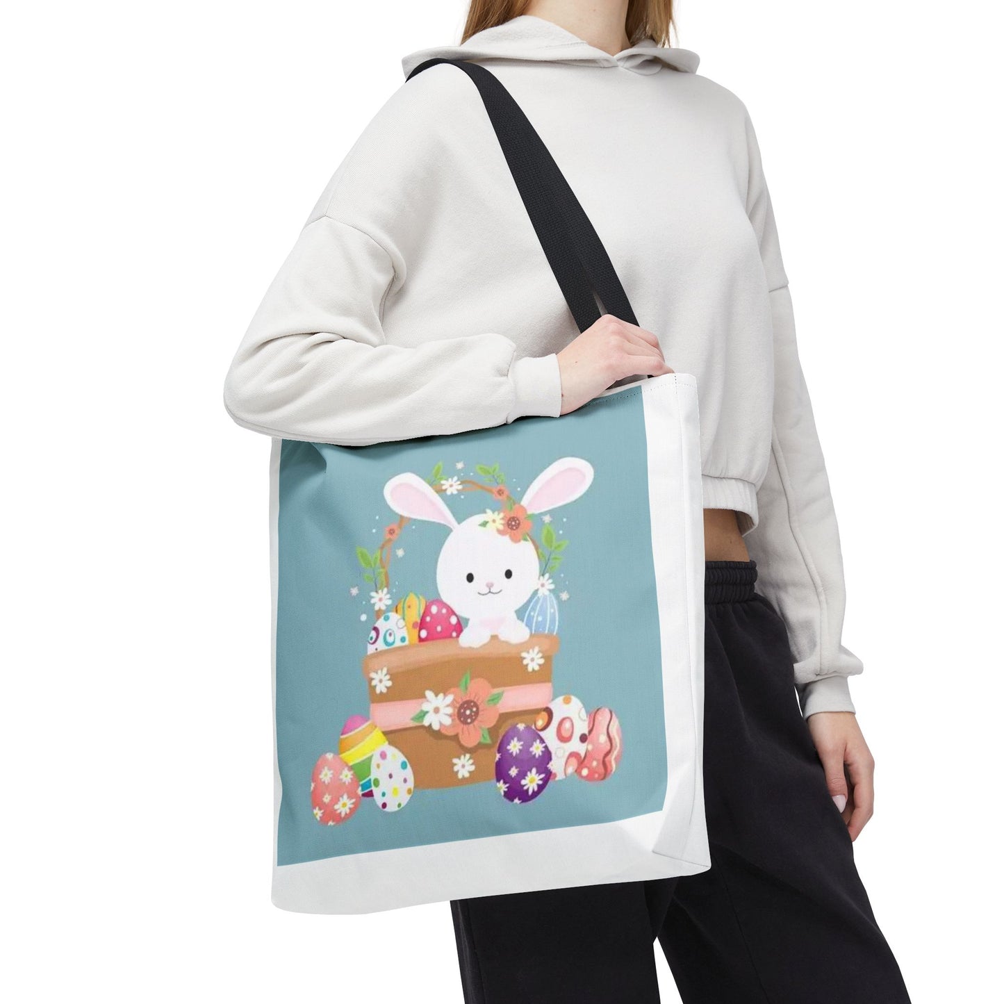 Easter Bunny Tote Bag — Cute Floral Bunny with Painted Eggs All-Over Print