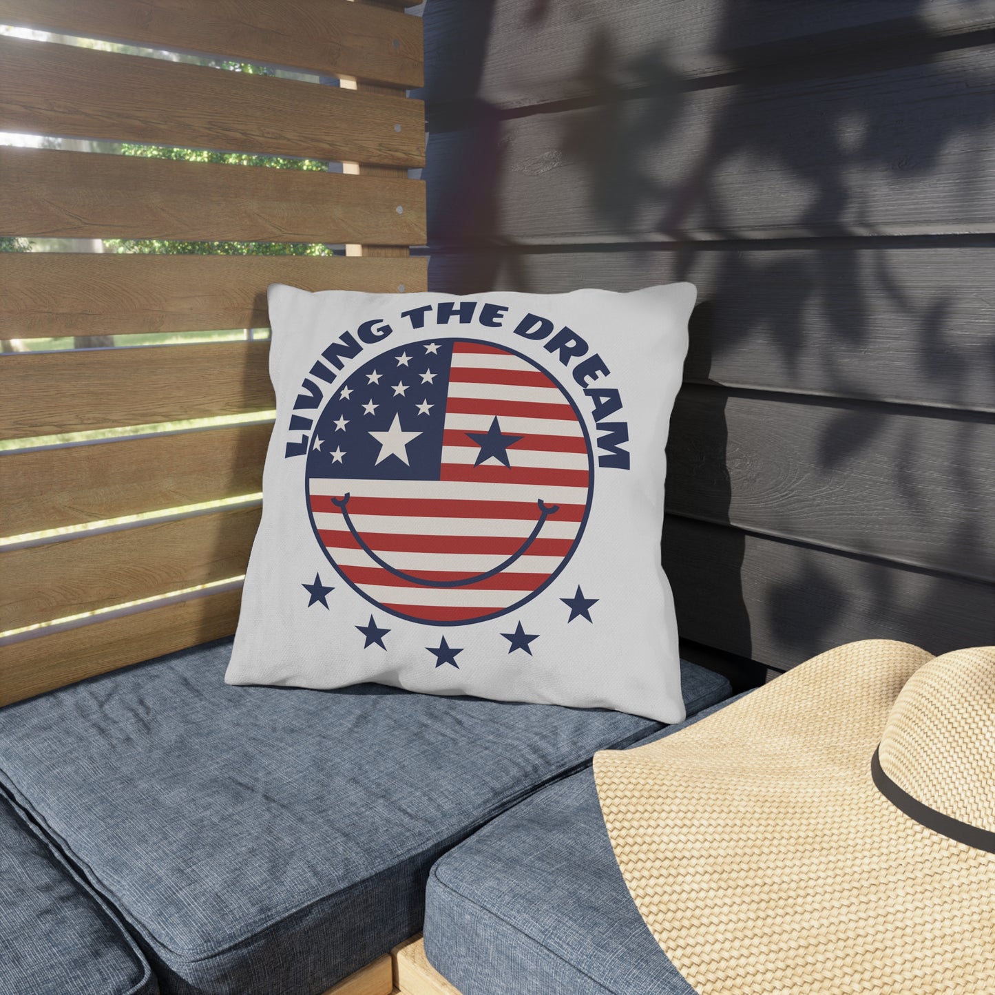 Living The Dream American Flag Smiley Outdoor Pillow