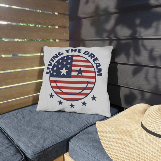 Living The Dream American Flag Smiley Outdoor Pillow