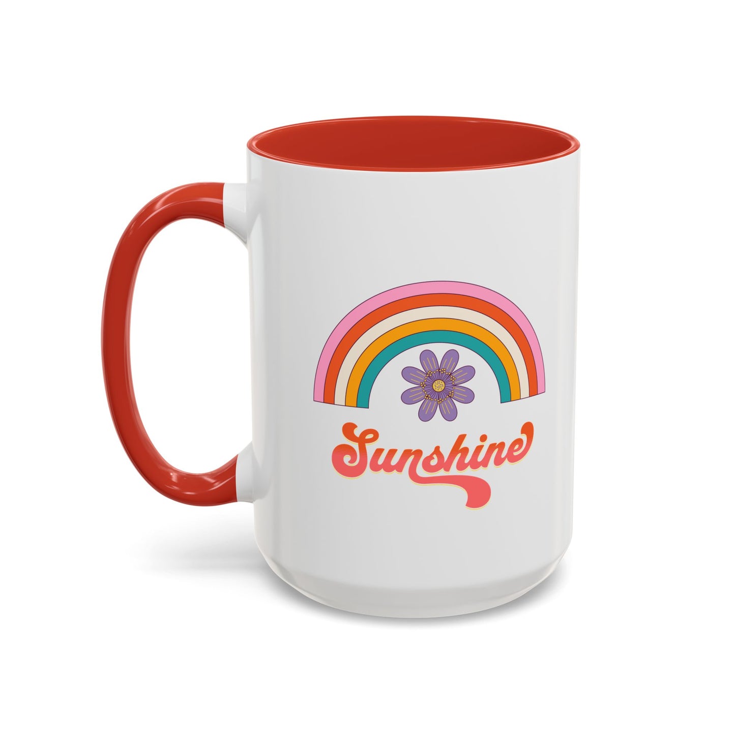Sunshine Rainbow Accent Coffee Mug — Retro Flower 70s Vibe