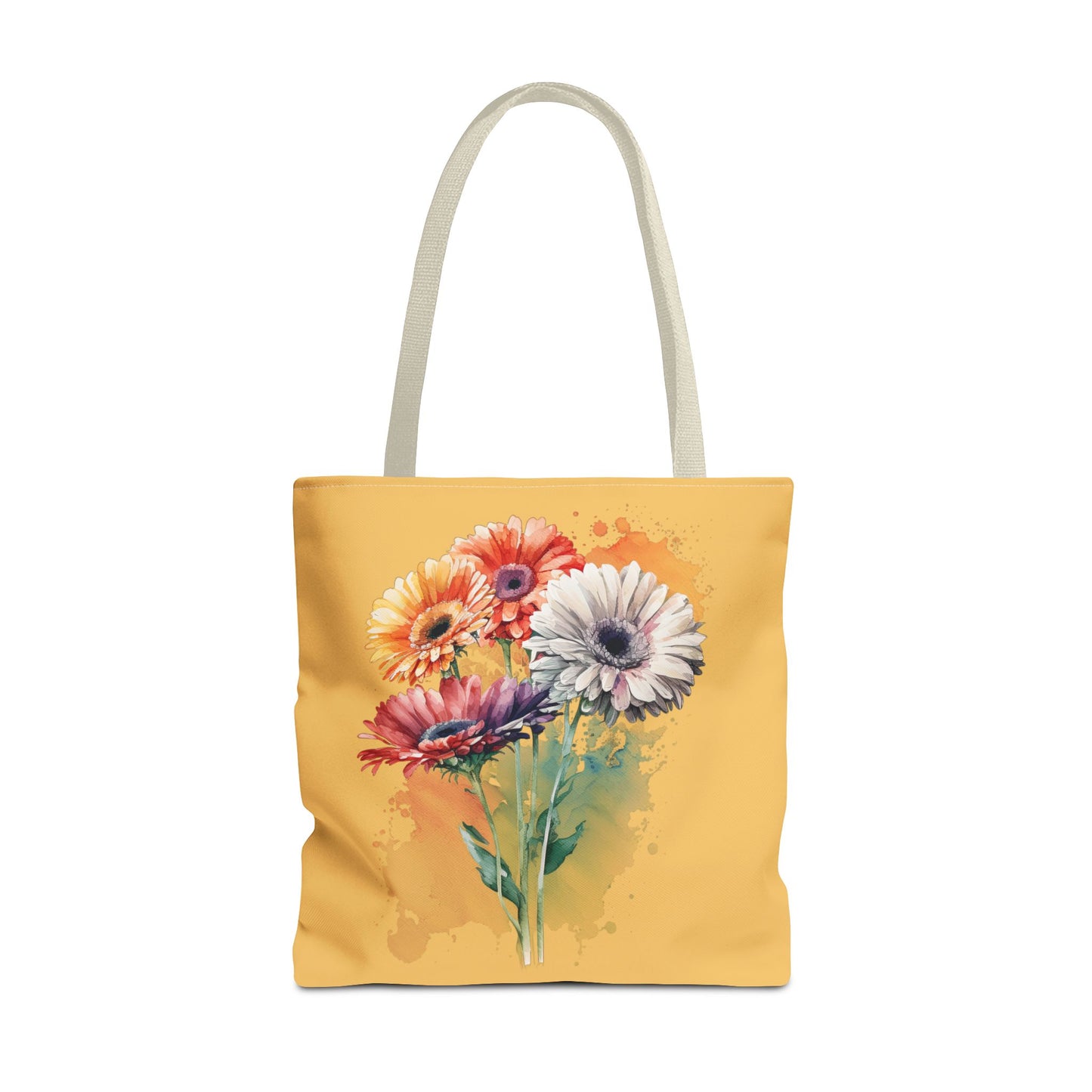 Floral Watercolor Tote Bag — Colorful Gerbera Bouquet on Mustard Background