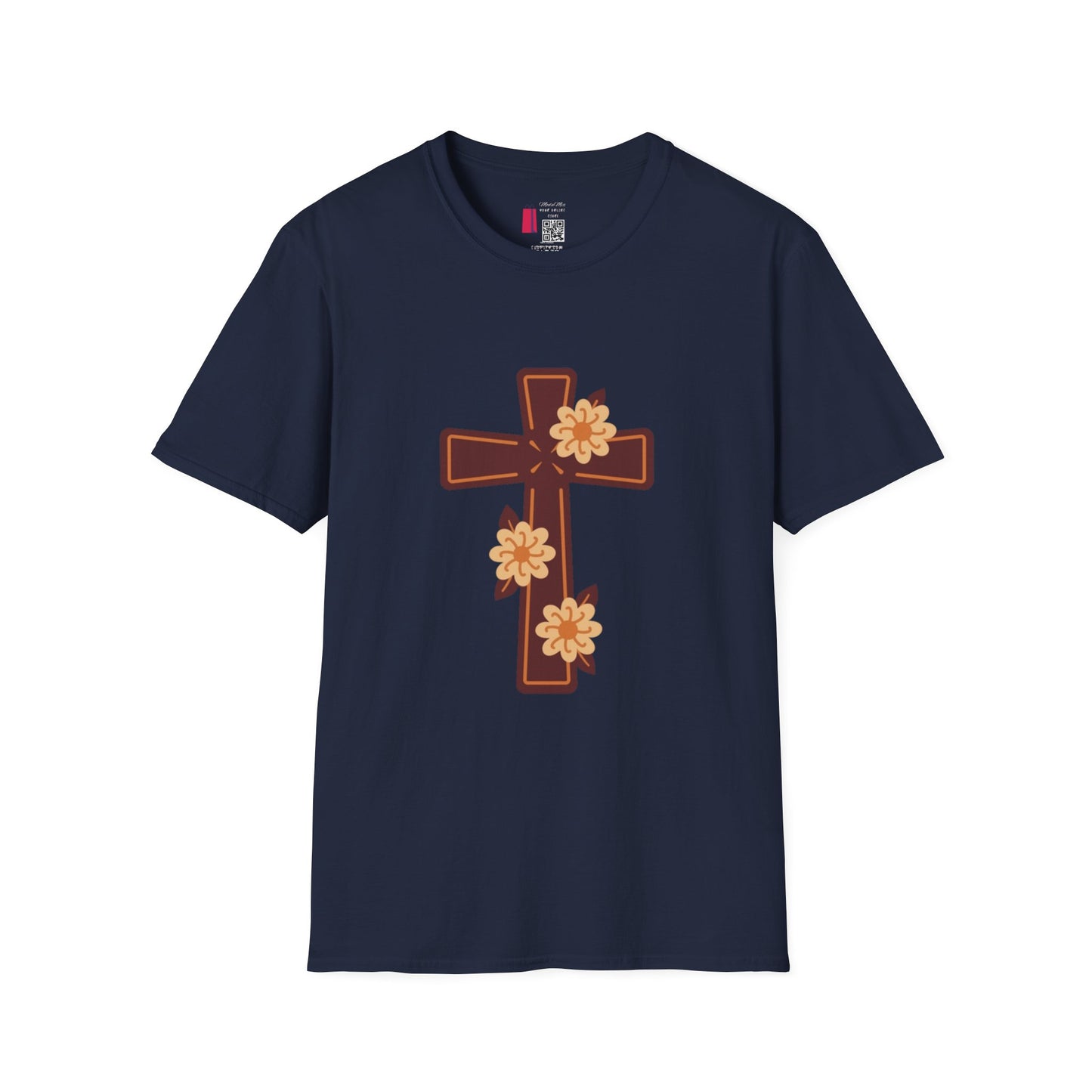 Floral Cross T-Shirt — Religious Christian Tee with Yellow Flower Accent