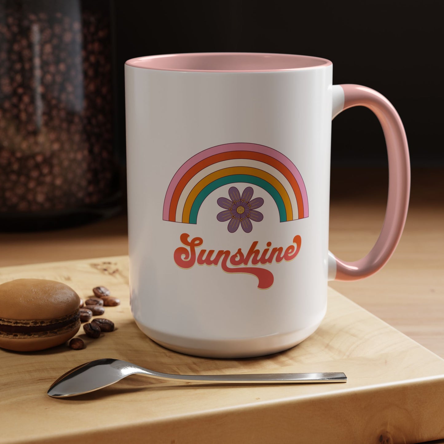 Sunshine Rainbow Accent Coffee Mug — Retro Flower 70s Vibe