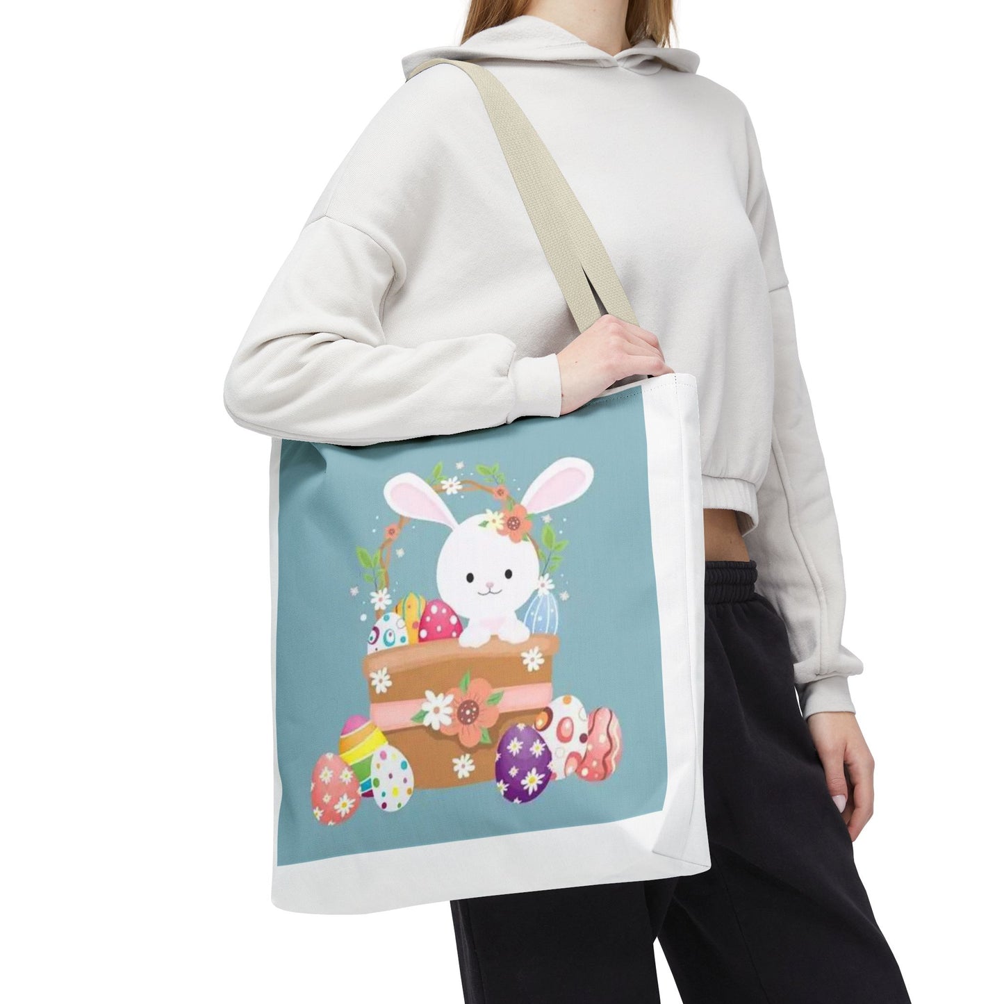 Easter Bunny Tote Bag — Cute Floral Bunny with Painted Eggs All-Over Print