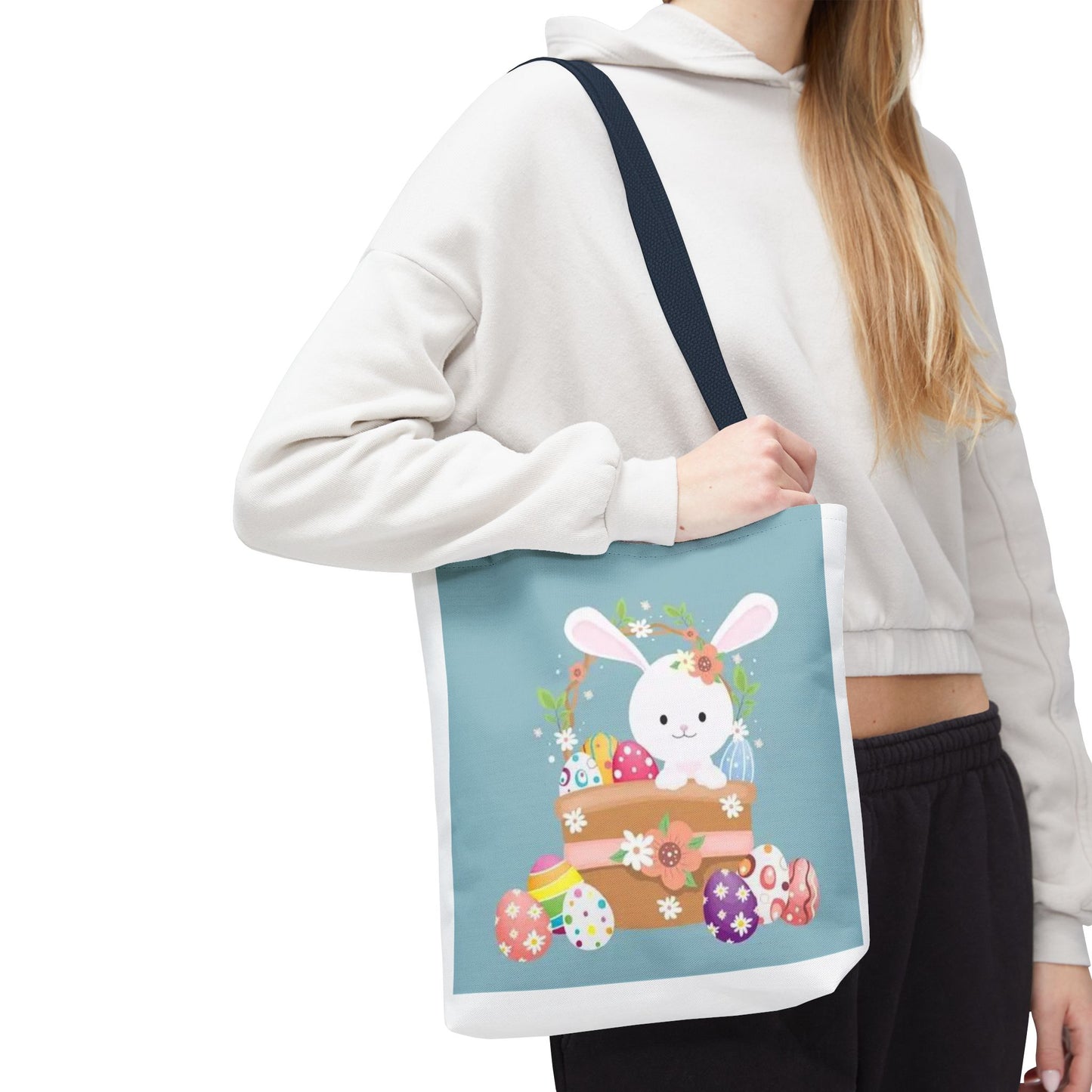 Easter Bunny Tote Bag — Cute Floral Bunny with Painted Eggs All-Over Print