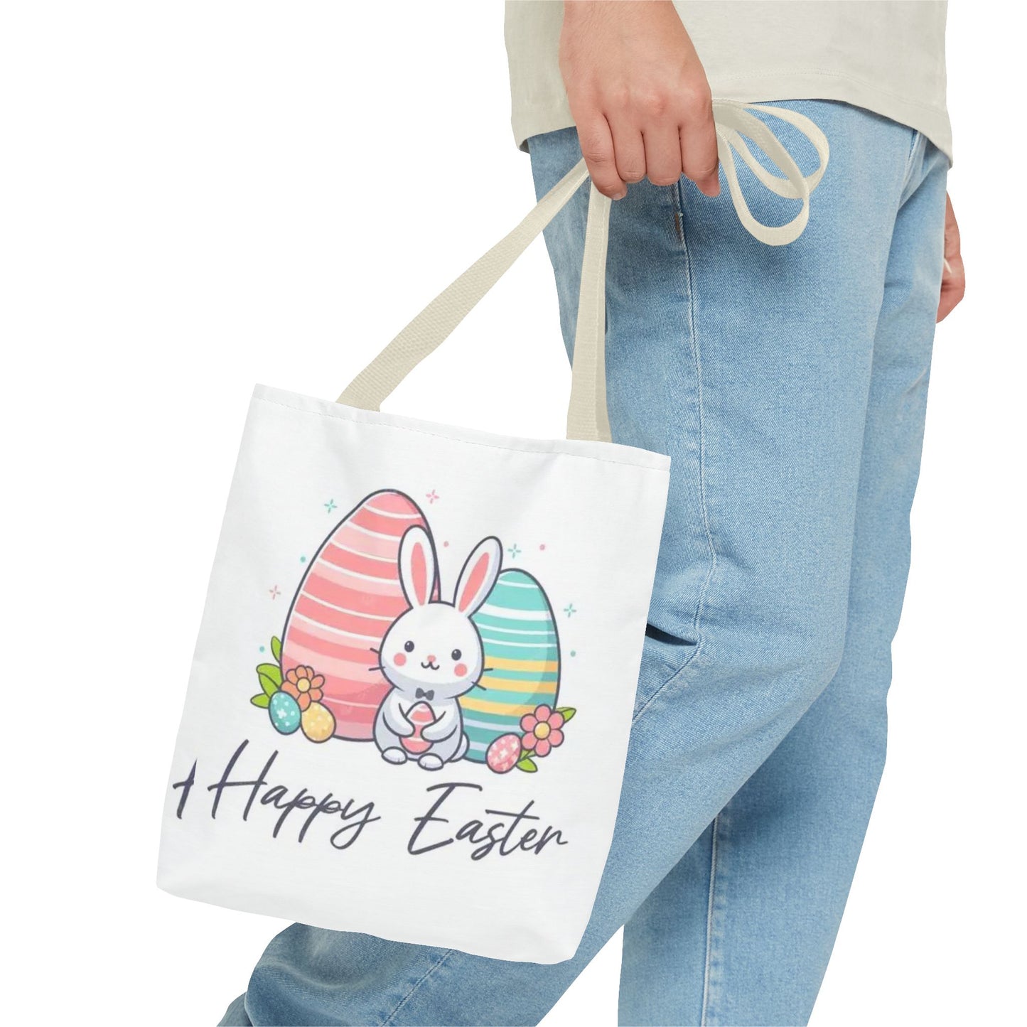 Easter Bunny Tote Bag — Cute "Happy Easter" Bunny with Colorful Eggs
