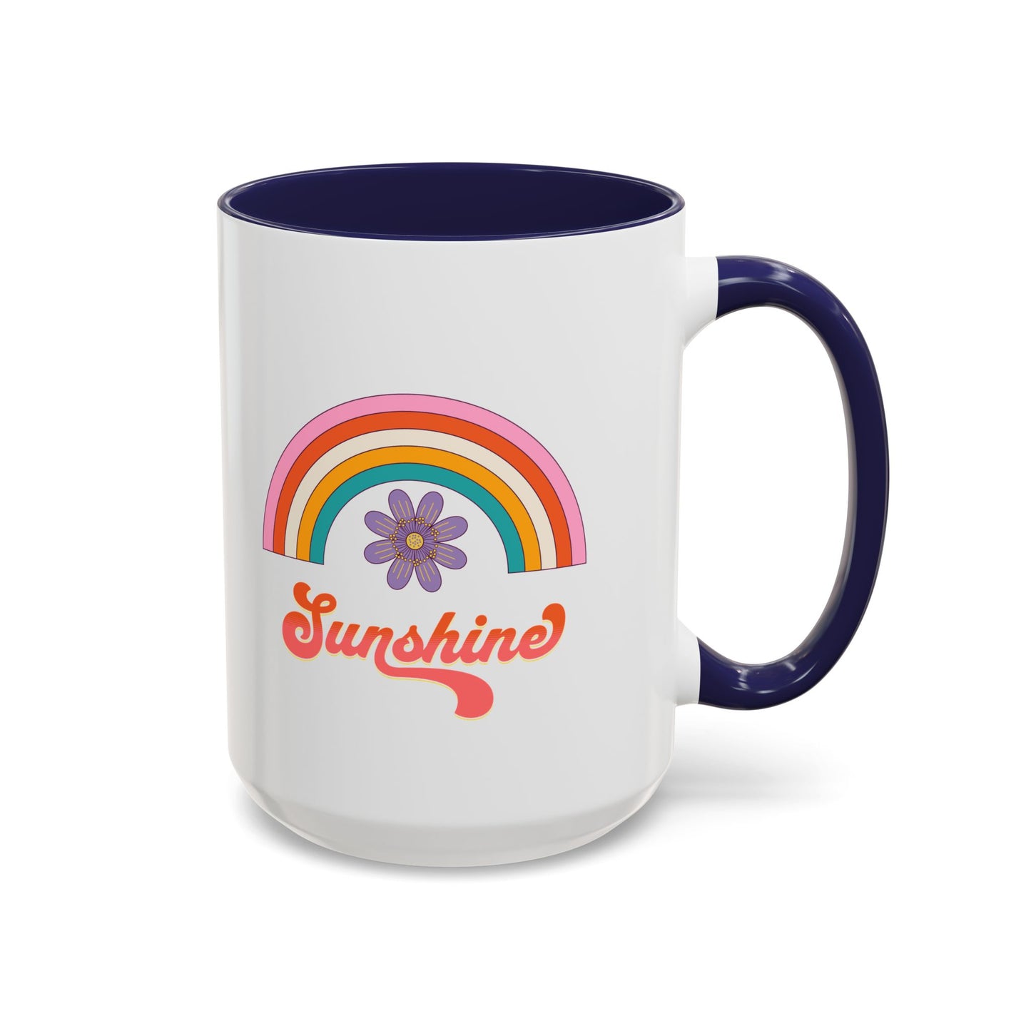 Sunshine Rainbow Accent Coffee Mug — Retro Flower 70s Vibe