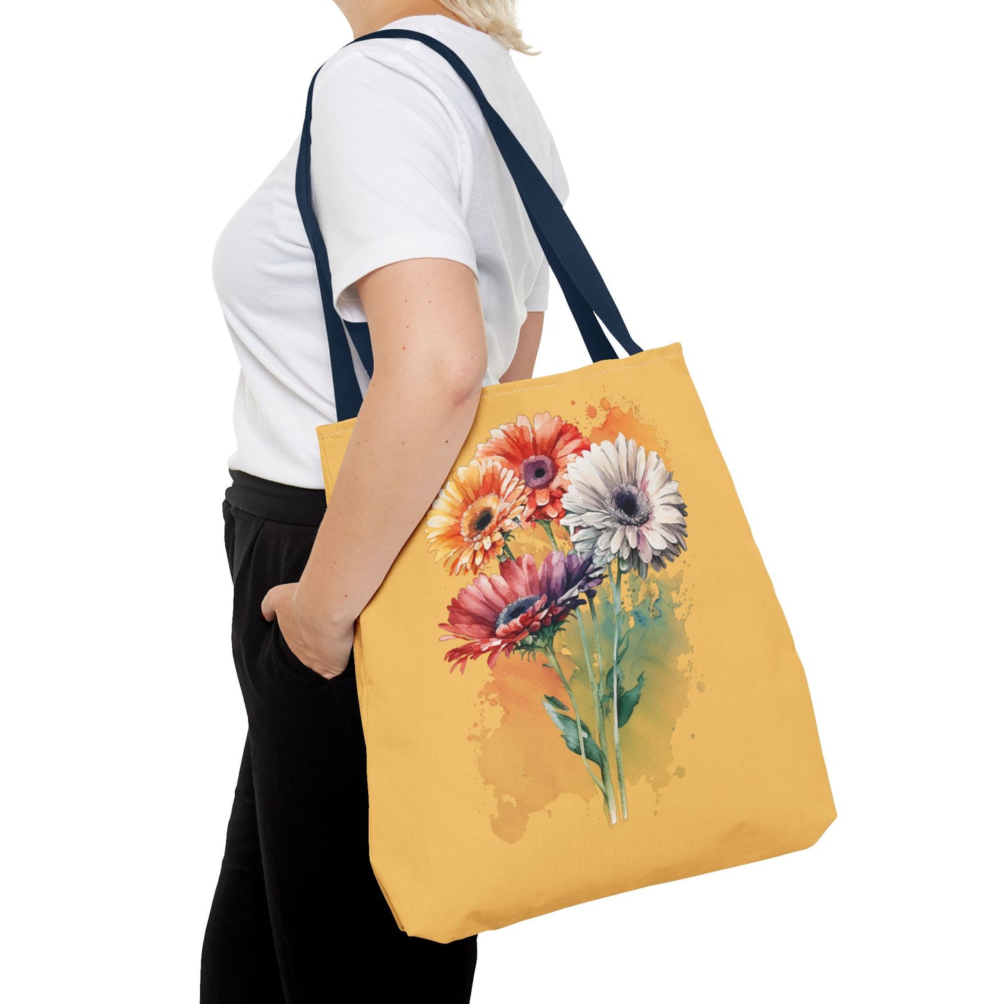 Floral Watercolor Tote Bag — Colorful Gerbera Bouquet on Mustard Background