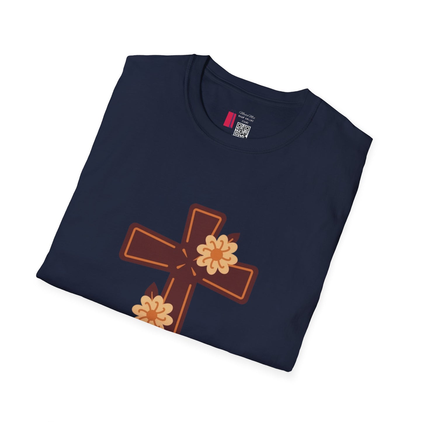 Floral Cross T-Shirt — Religious Christian Tee with Yellow Flower Accent