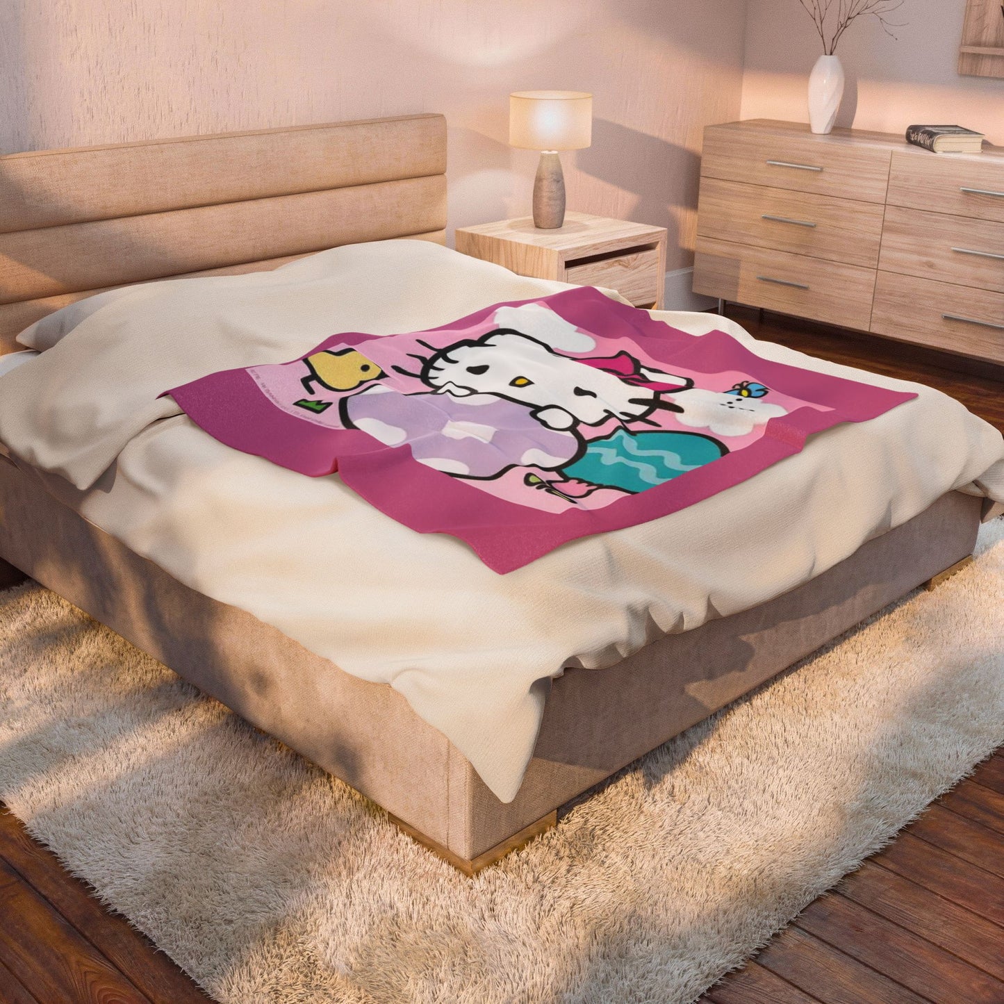 Hello Kitty Easter Velveteen Plush Blanket – Cute Pink Bunny & Egg Holiday Throw