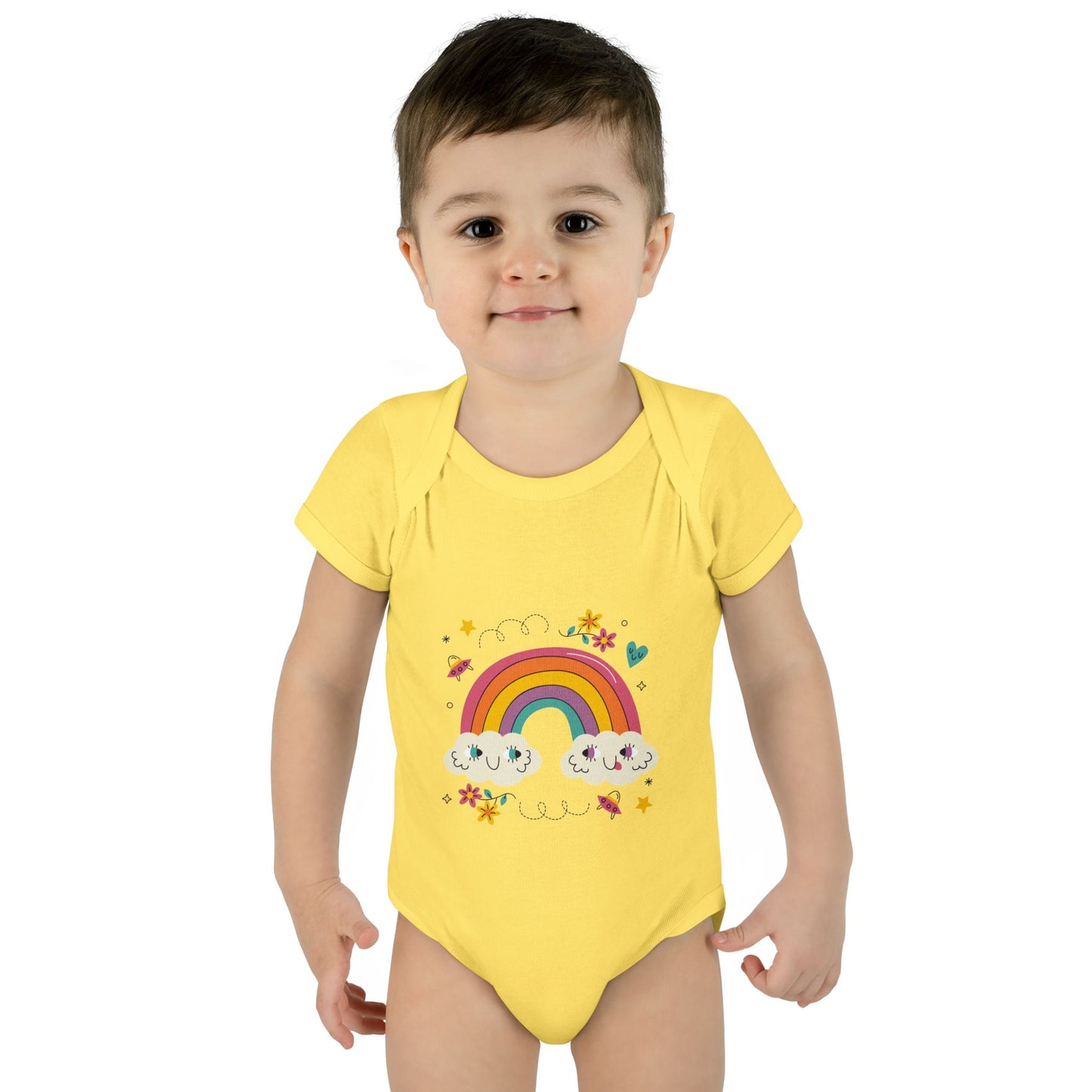 Baby Bodysuit — Cute Rainbow with Smiling Clouds Infant Onesie