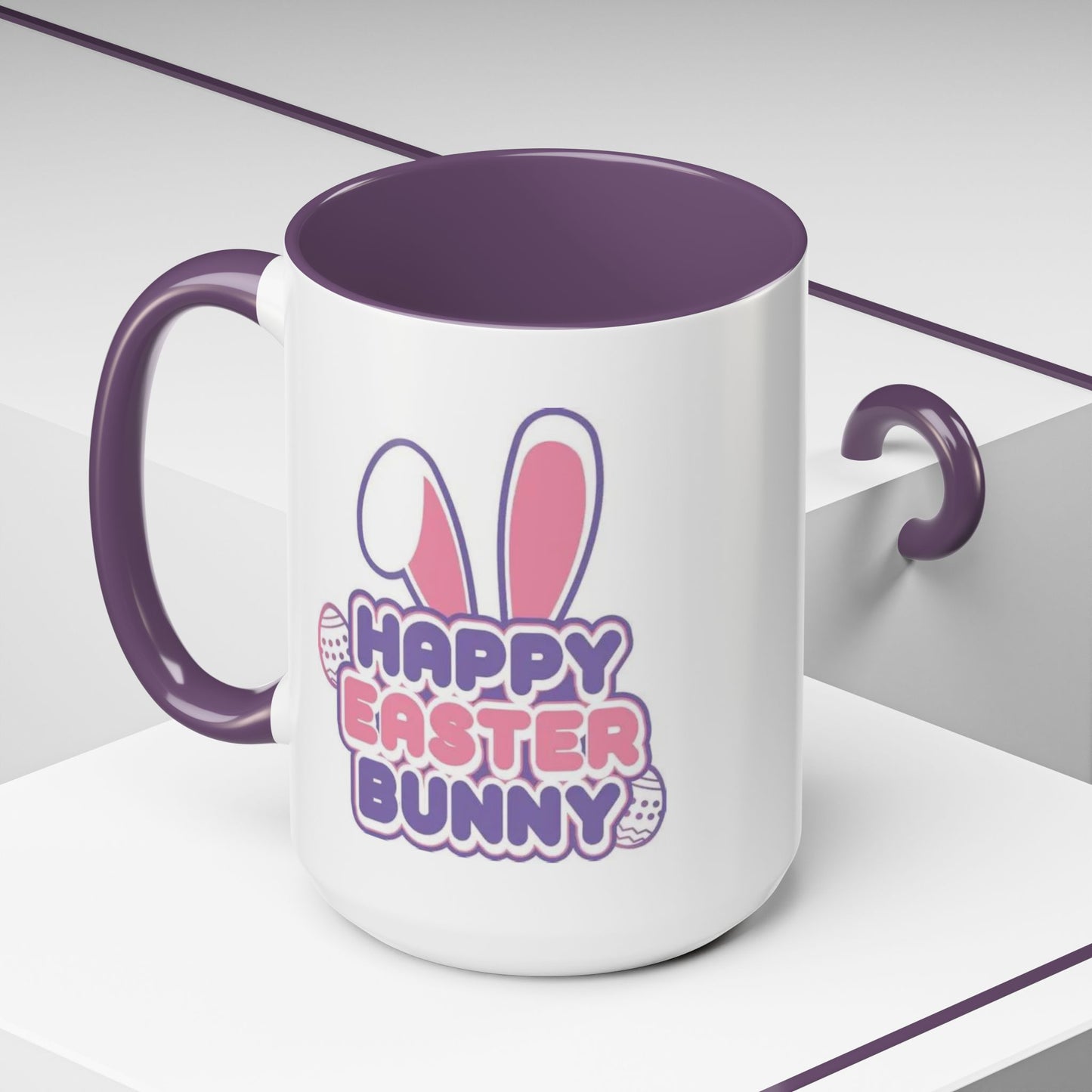 Happy Easter Bunny Accent Coffee Mug — Pink Interior 11/15oz, Cute Holiday Gift