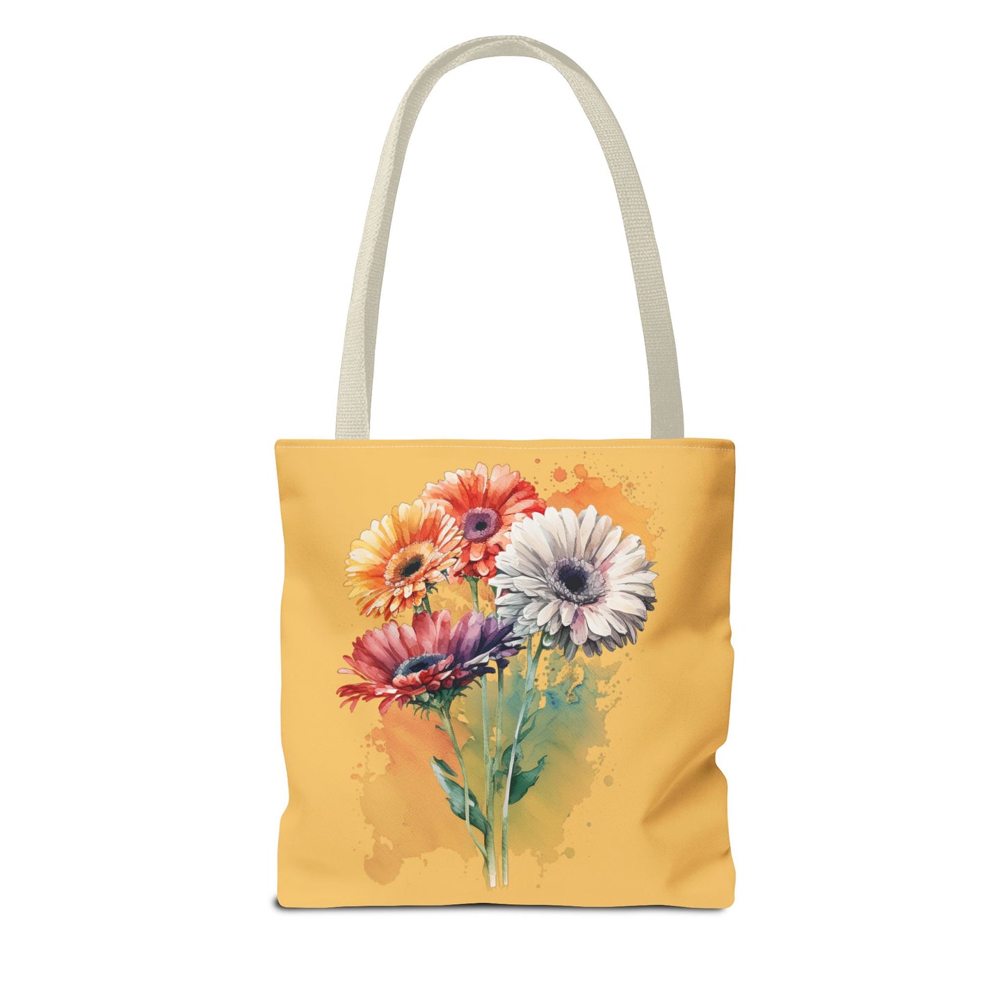 Floral Watercolor Tote Bag — Colorful Gerbera Bouquet on Mustard Background