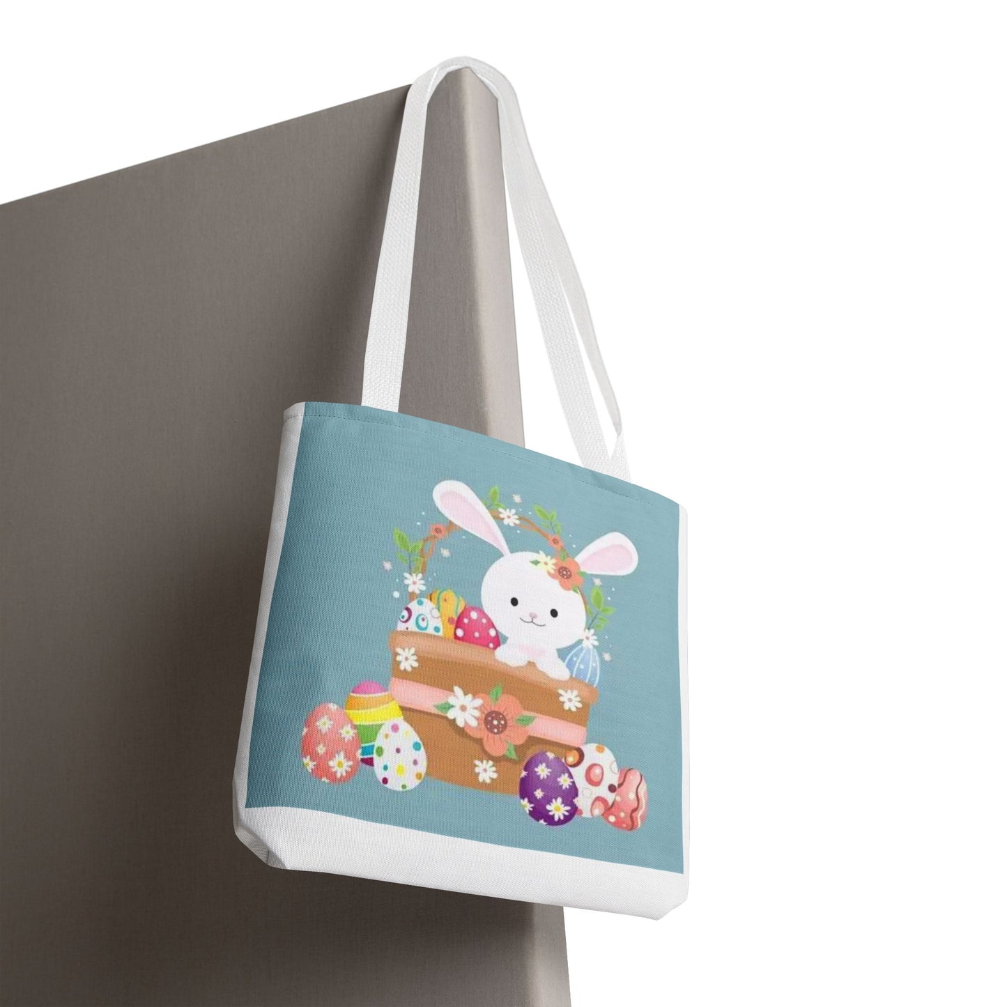 Easter Bunny Tote Bag — Cute Floral Bunny with Painted Eggs All-Over Print