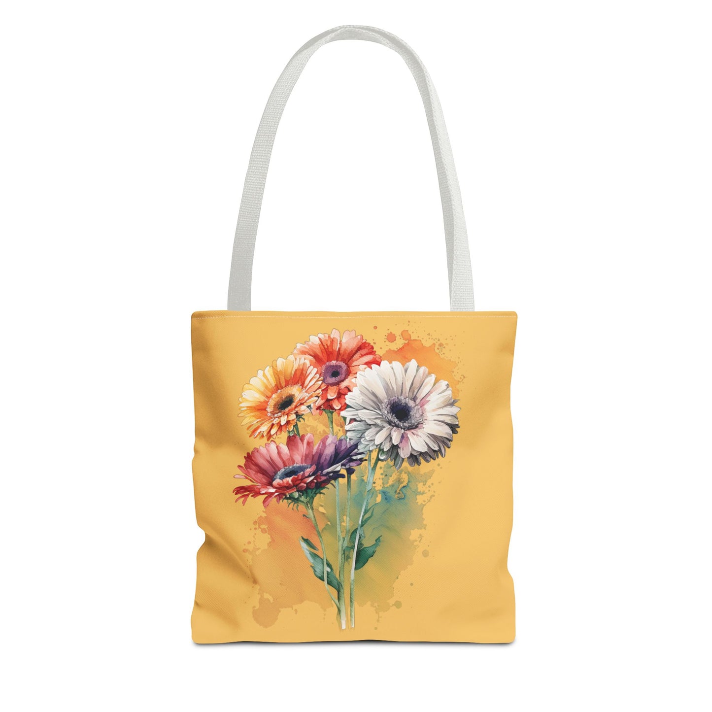 Floral Watercolor Tote Bag — Colorful Gerbera Bouquet on Mustard Background