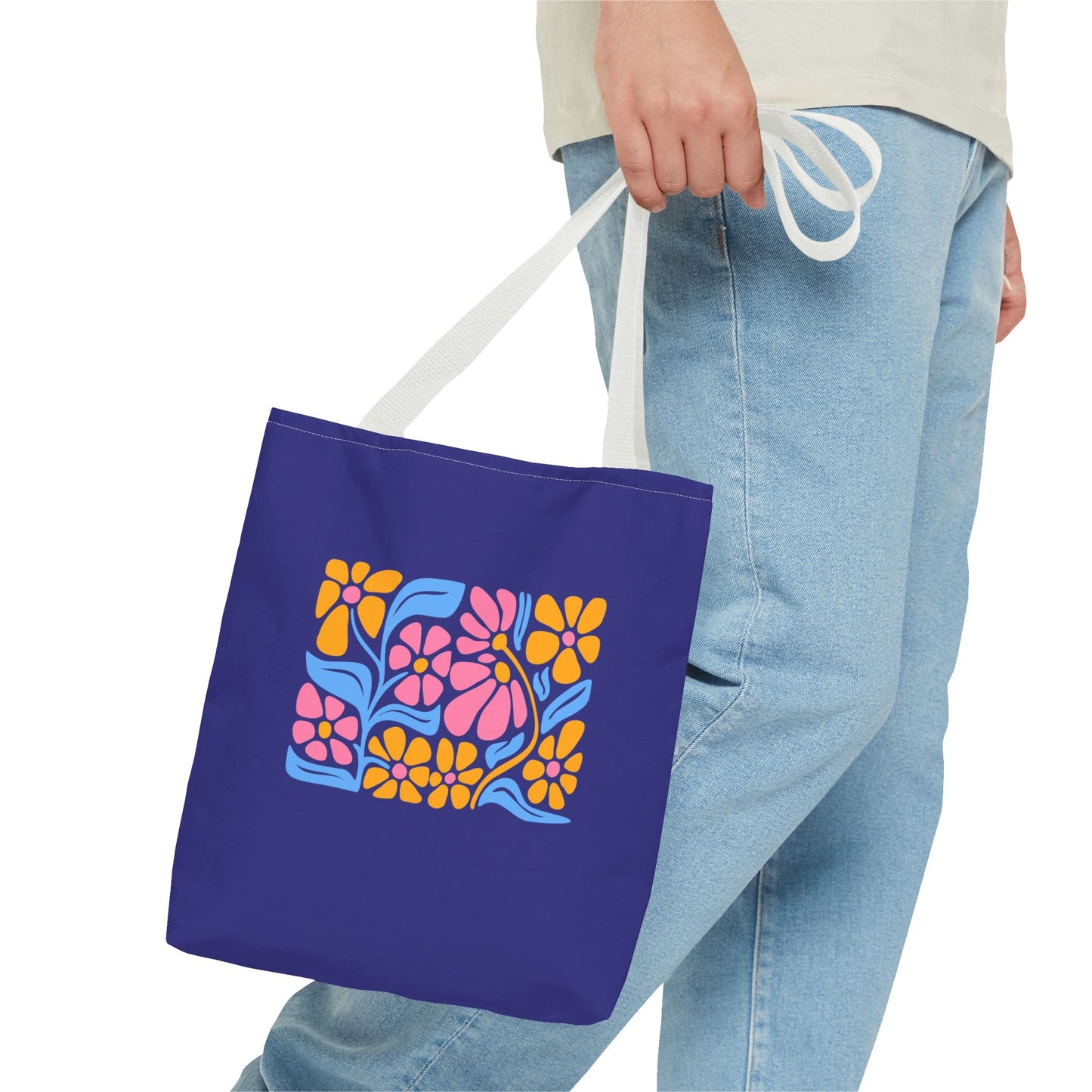 Floral Pop Tote Bag — Bright Retro Flower Pattern on Purple