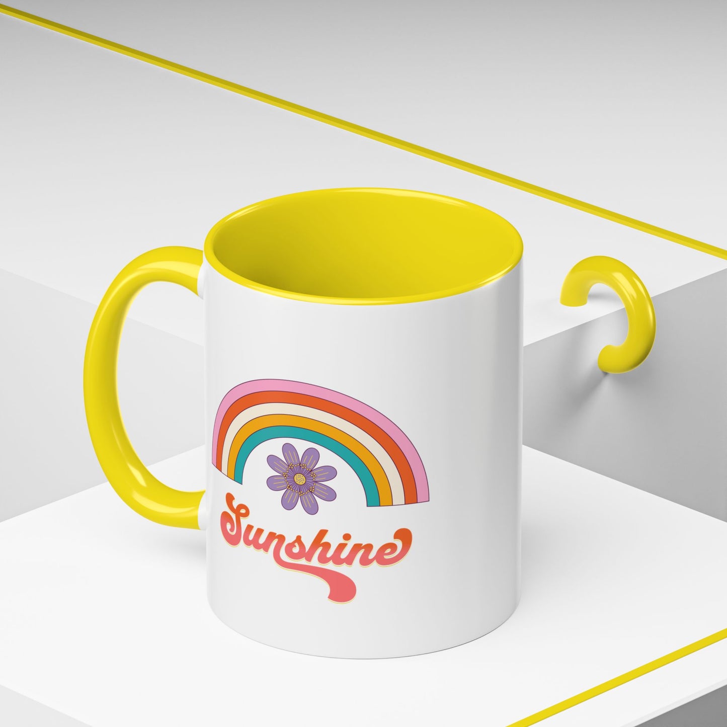 Sunshine Rainbow Accent Coffee Mug — Retro Flower 70s Vibe