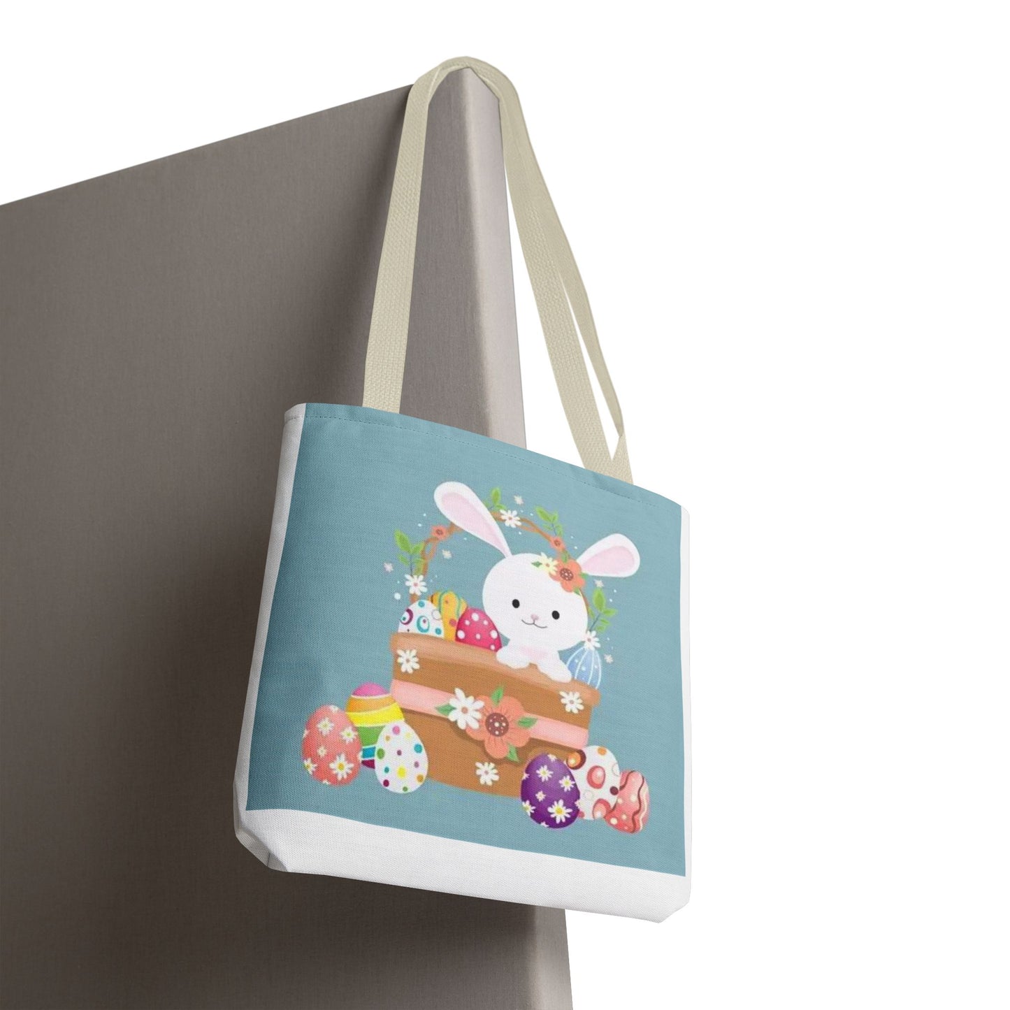 Easter Bunny Tote Bag — Cute Floral Bunny with Painted Eggs All-Over Print