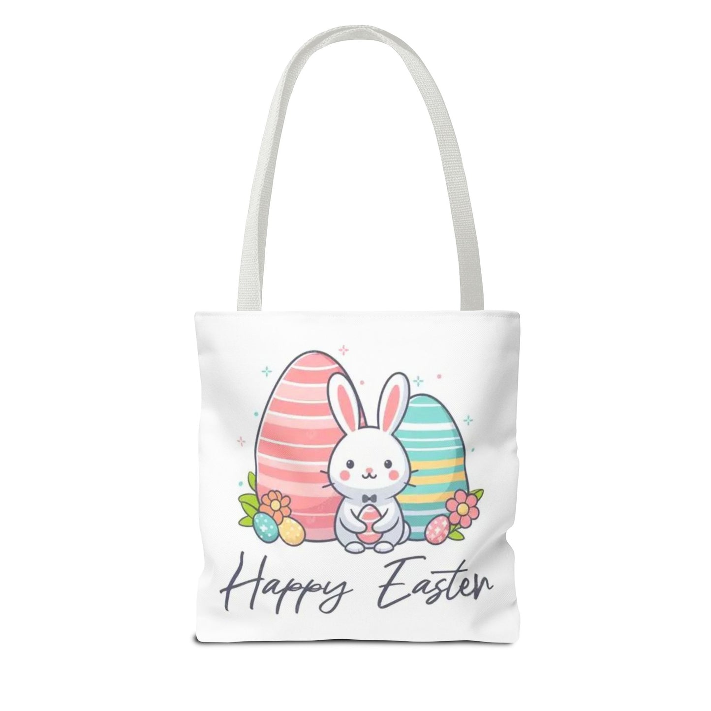 Easter Bunny Tote Bag — Cute "Happy Easter" Bunny with Colorful Eggs