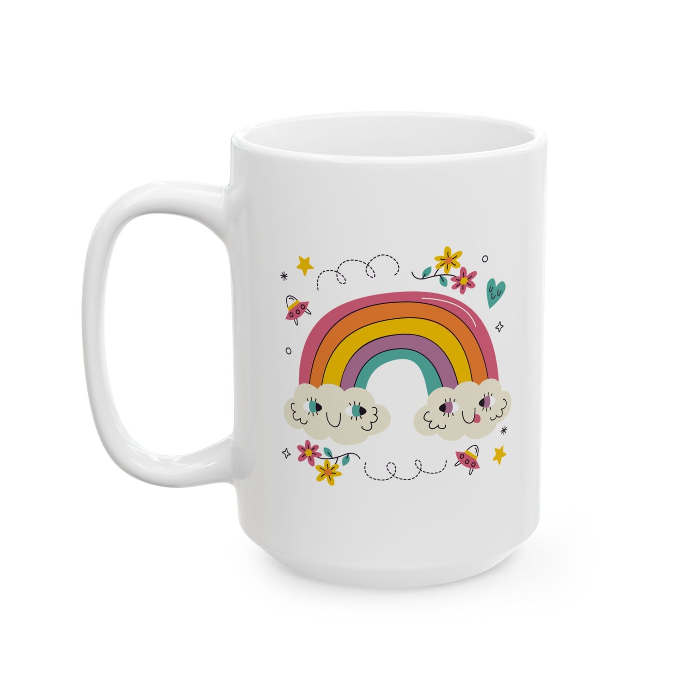 Rainbow Cloud Ceramic Mug – Cute Kawaii Rainbow & Stars Coffee Cup (11oz, 15oz)