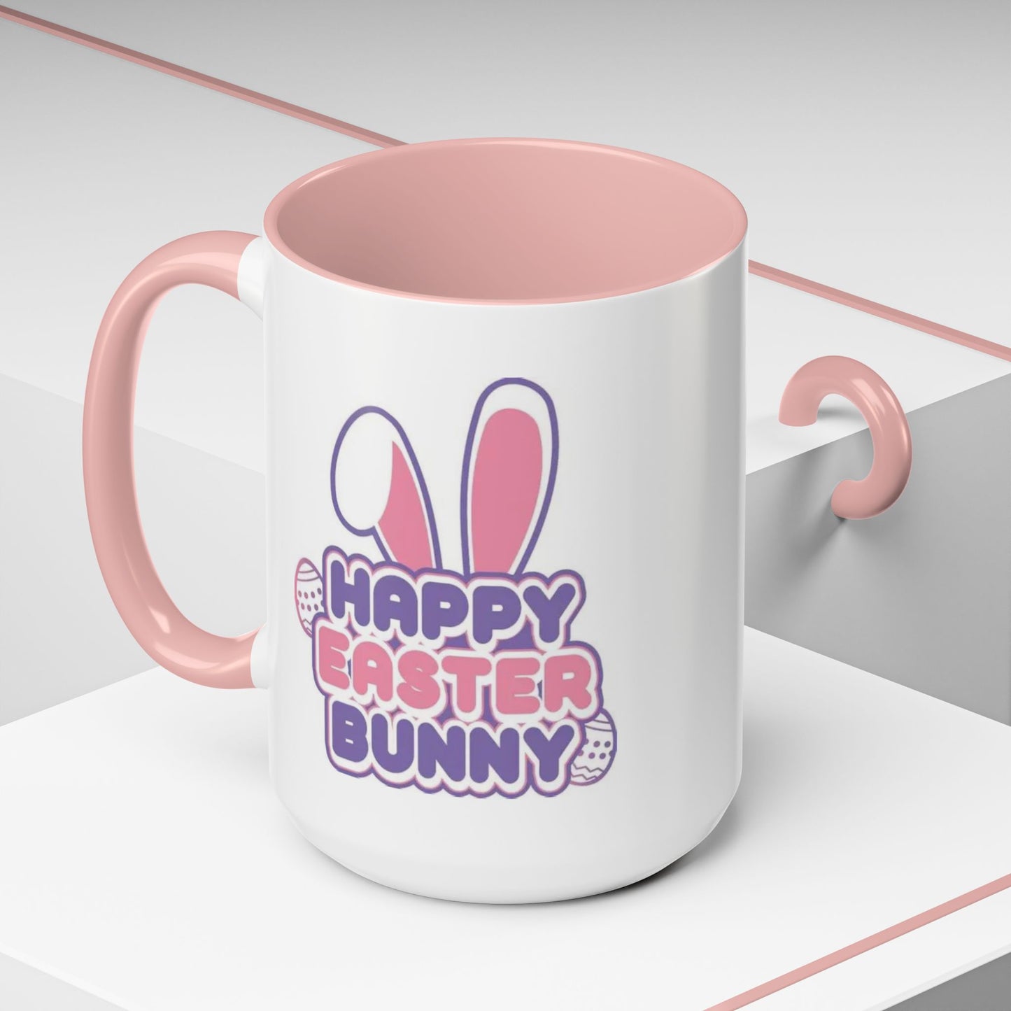 Happy Easter Bunny Accent Coffee Mug — Pink Interior 11/15oz, Cute Holiday Gift