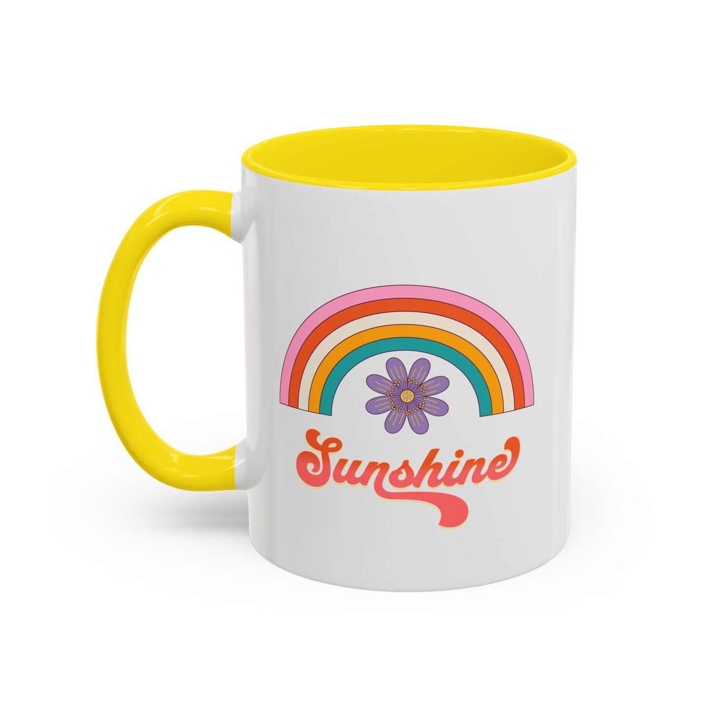 Sunshine Rainbow Accent Coffee Mug — Retro Flower 70s Vibe