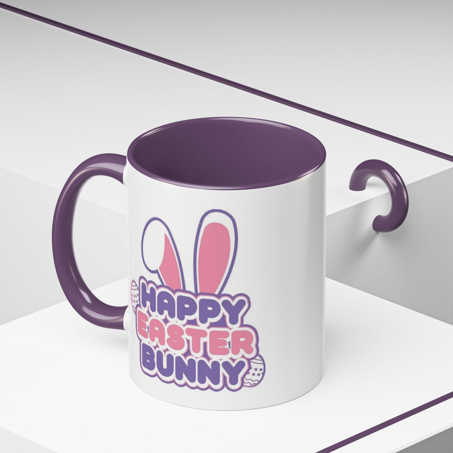 Happy Easter Bunny Accent Coffee Mug — Pink Interior 11/15oz, Cute Holiday Gift