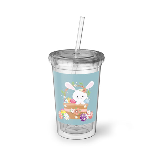 Easter Bunny Acrylic Cup — Cute Floral Bunny with Painted Eggs Tumbler
