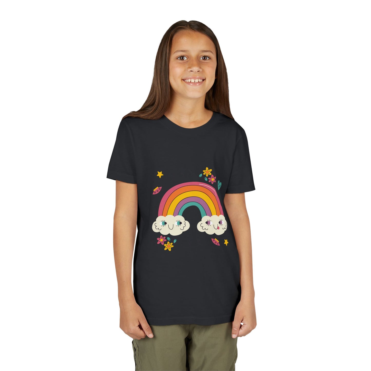 Youth Rainbow Tee — Cute Smiling Clouds & Rainbow Kids Shirt