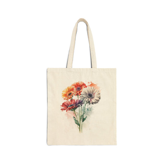 Floral Bouquet Canvas Tote Bag — Vintage Watercolor Gerbera Shopper
