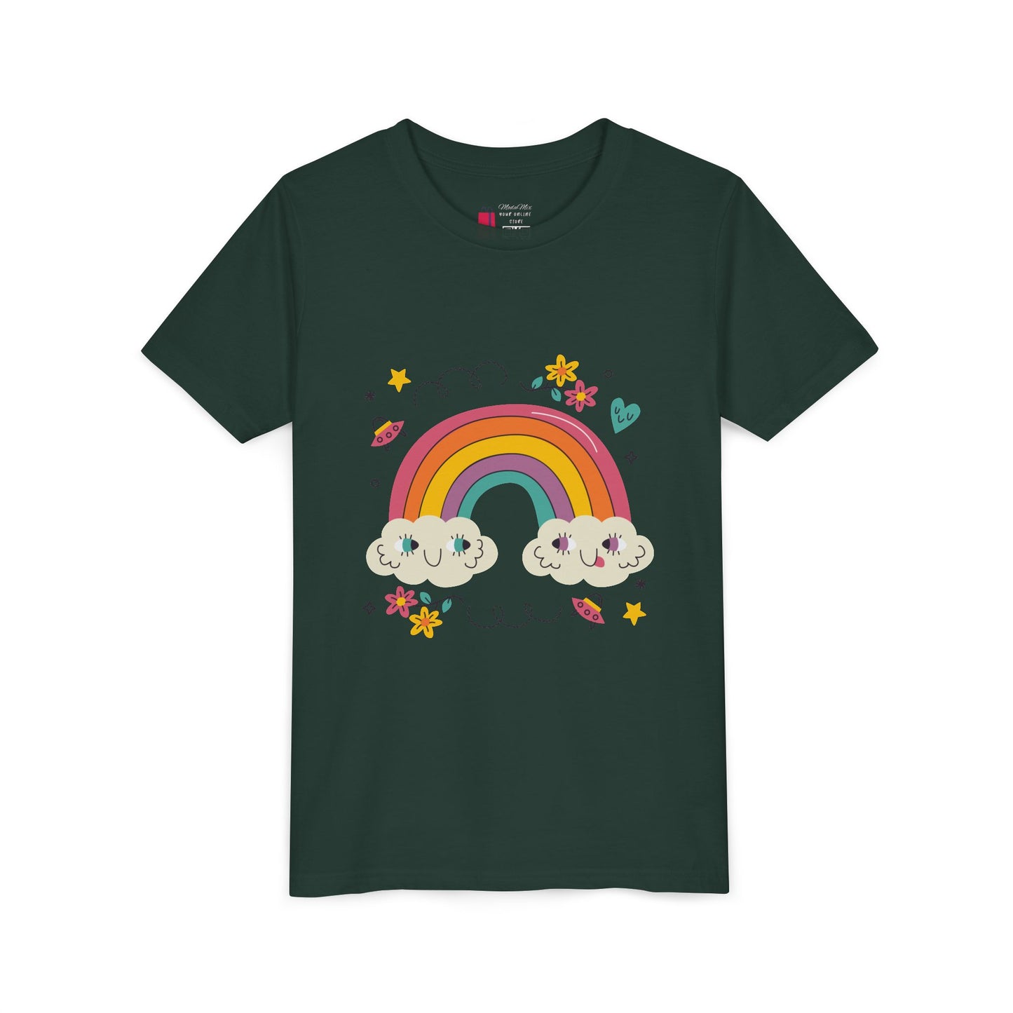 Youth Rainbow Tee — Cute Smiling Clouds & Rainbow Kids Shirt