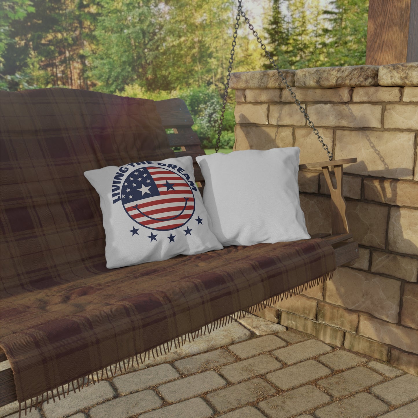 Living The Dream American Flag Smiley Outdoor Pillow