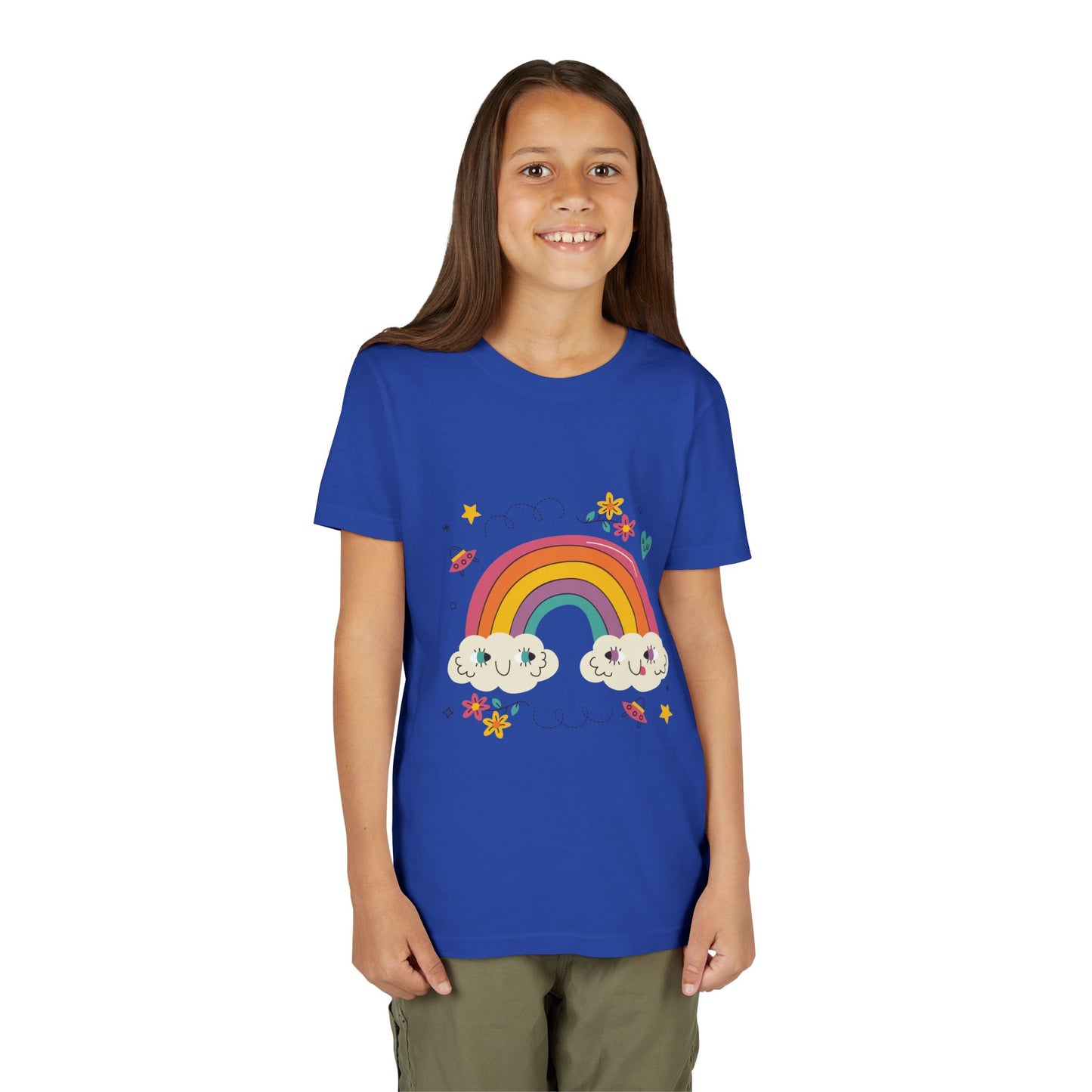 Youth Rainbow Tee — Cute Smiling Clouds & Rainbow Kids Shirt