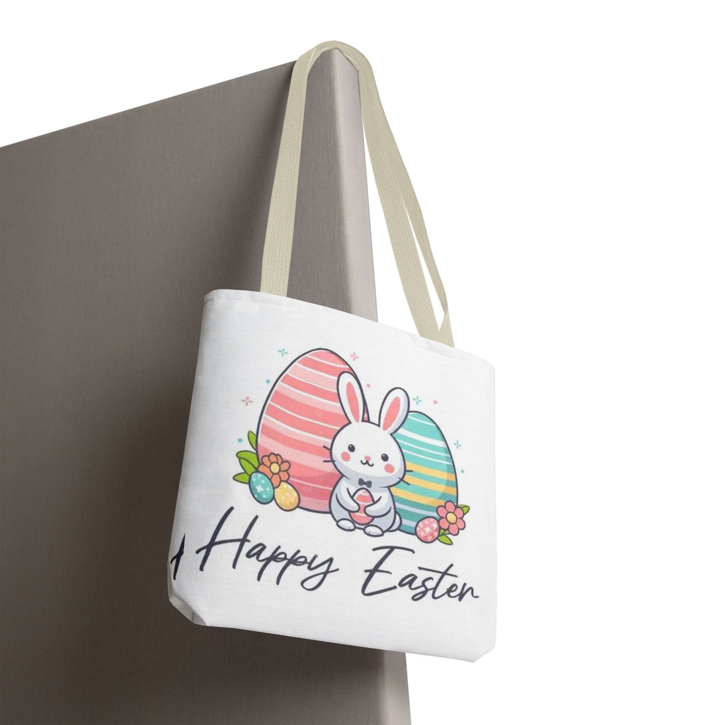 Easter Bunny Tote Bag — Cute "Happy Easter" Bunny with Colorful Eggs
