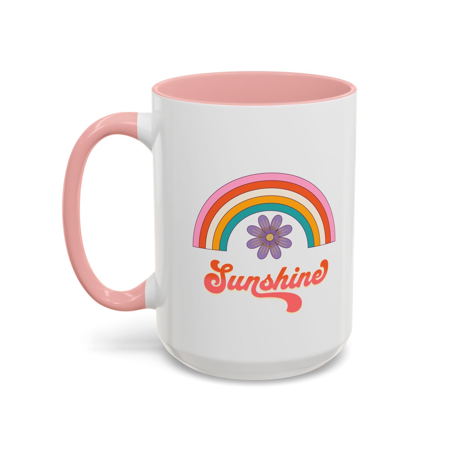 Sunshine Rainbow Accent Coffee Mug — Retro Flower 70s Vibe