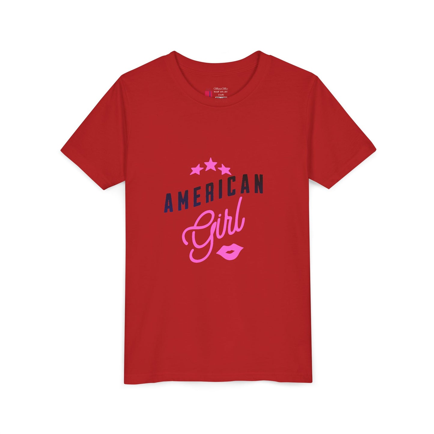 American Girl Youth Tee — Pink Script Stars Patriotic Kids Shirt