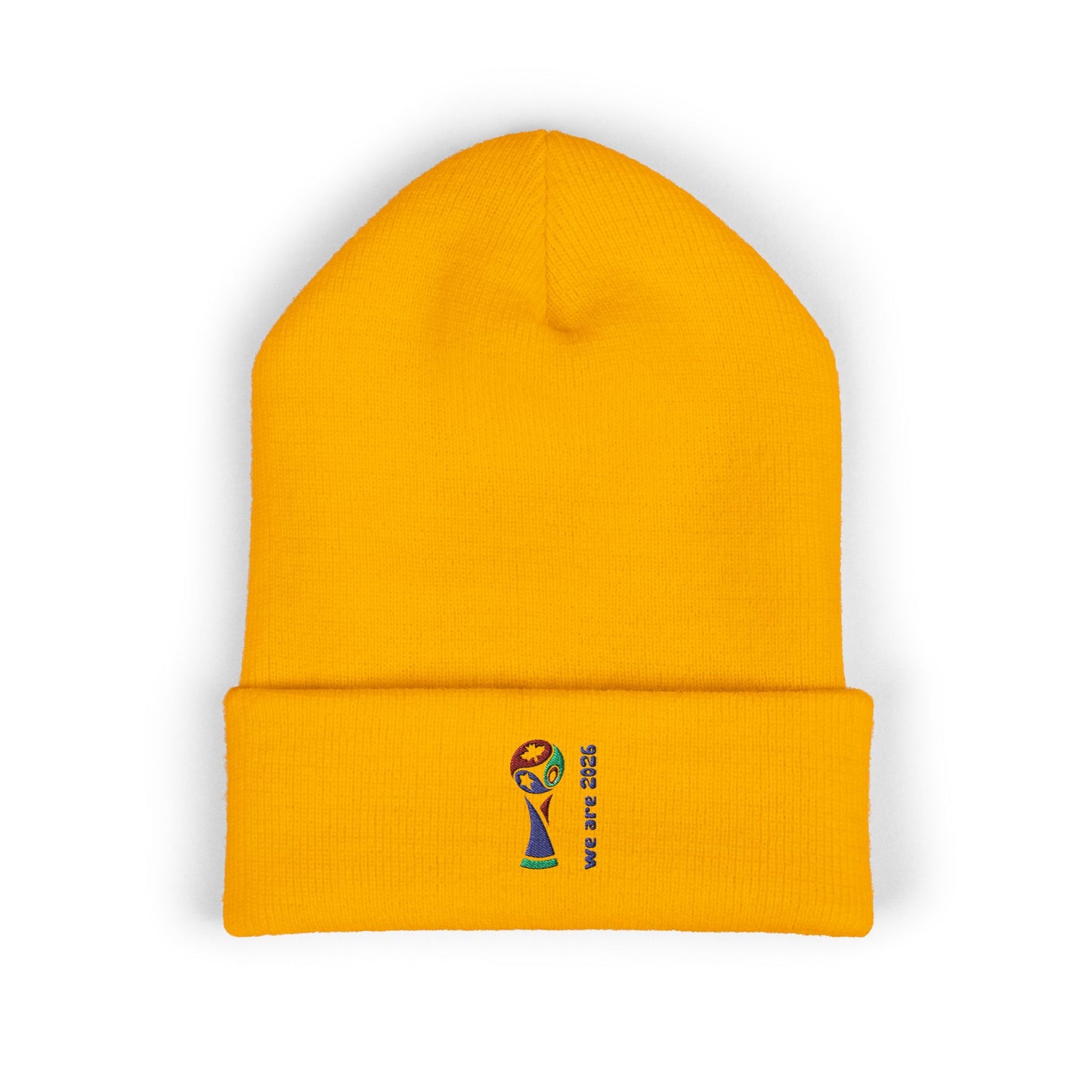 Embroidered 2026 World Cup Trophy Beanie — Soccer Fan Cuffed Knit Hat