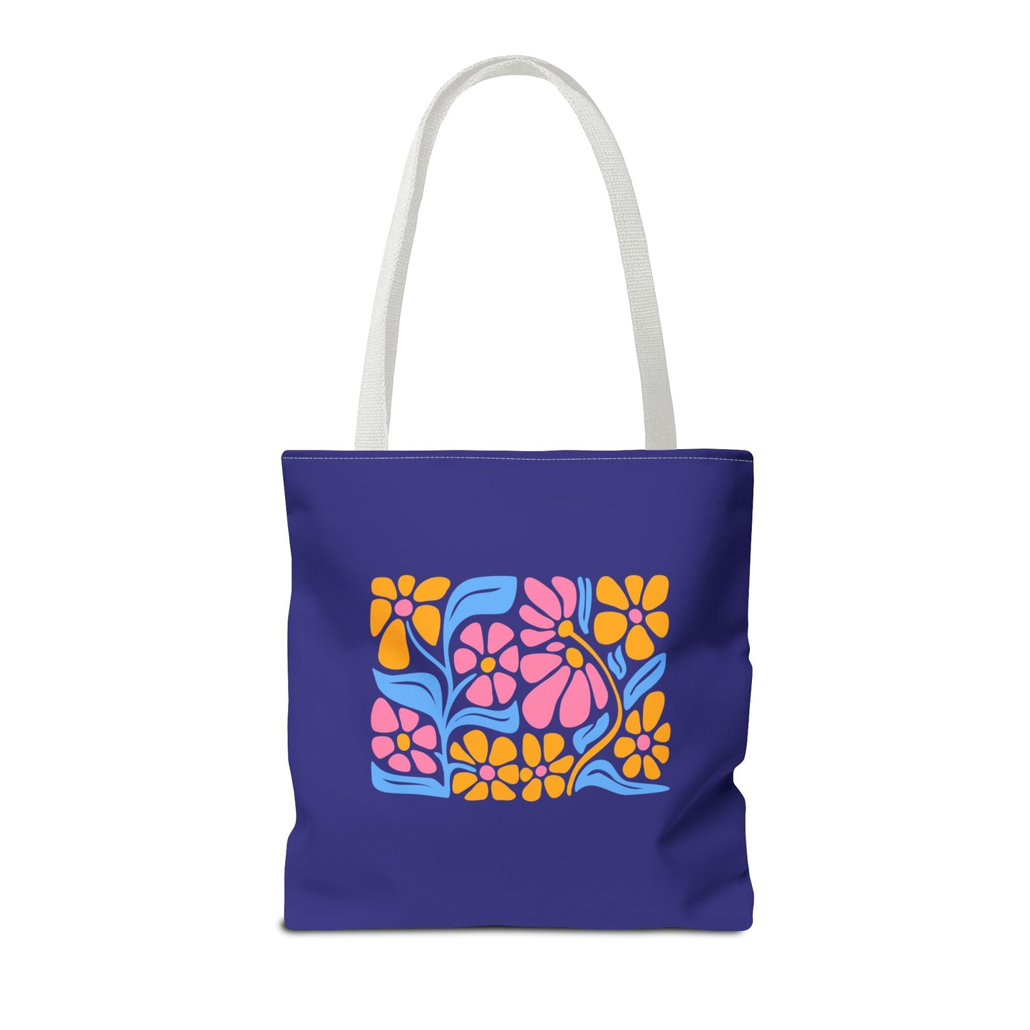 Floral Pop Tote Bag — Bright Retro Flower Pattern on Purple