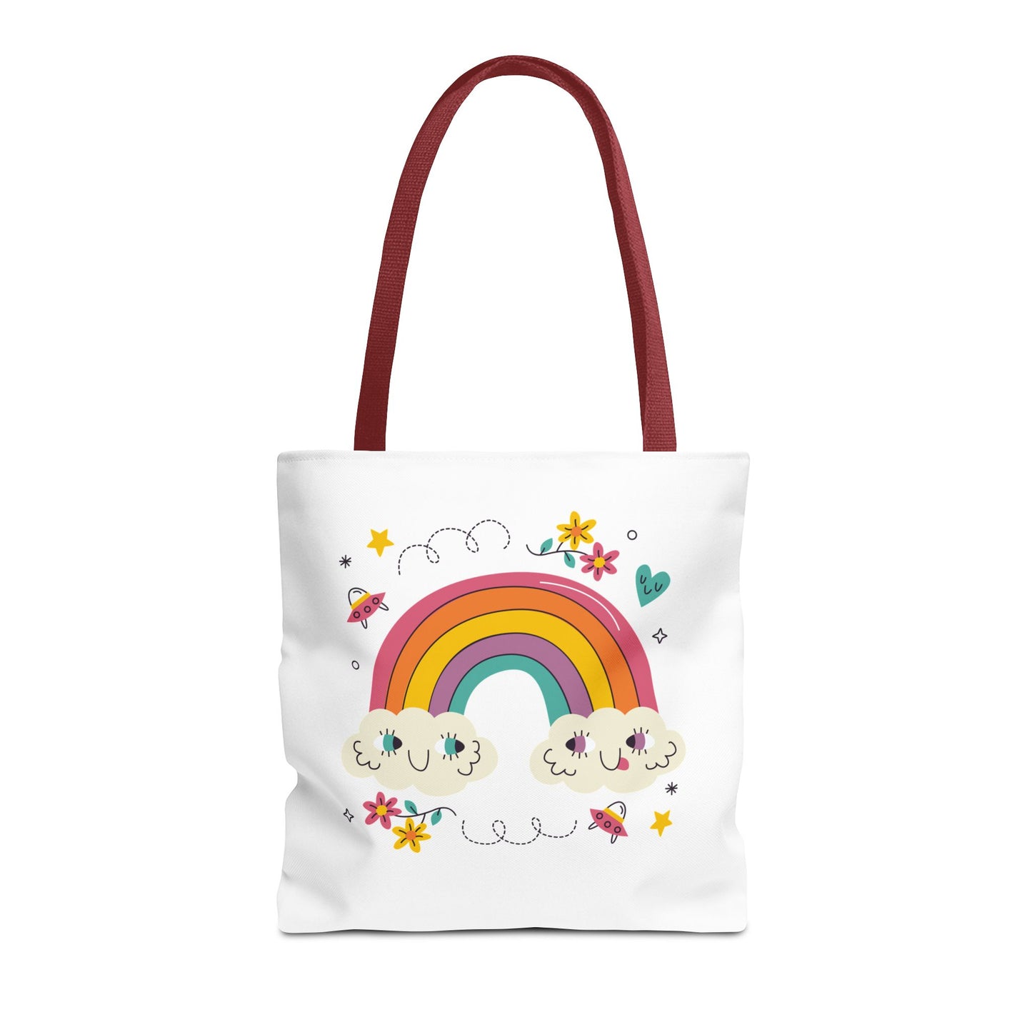 Cute Rainbow Tote Bag — Kawaii Smiling Clouds, Floral & Heart Print