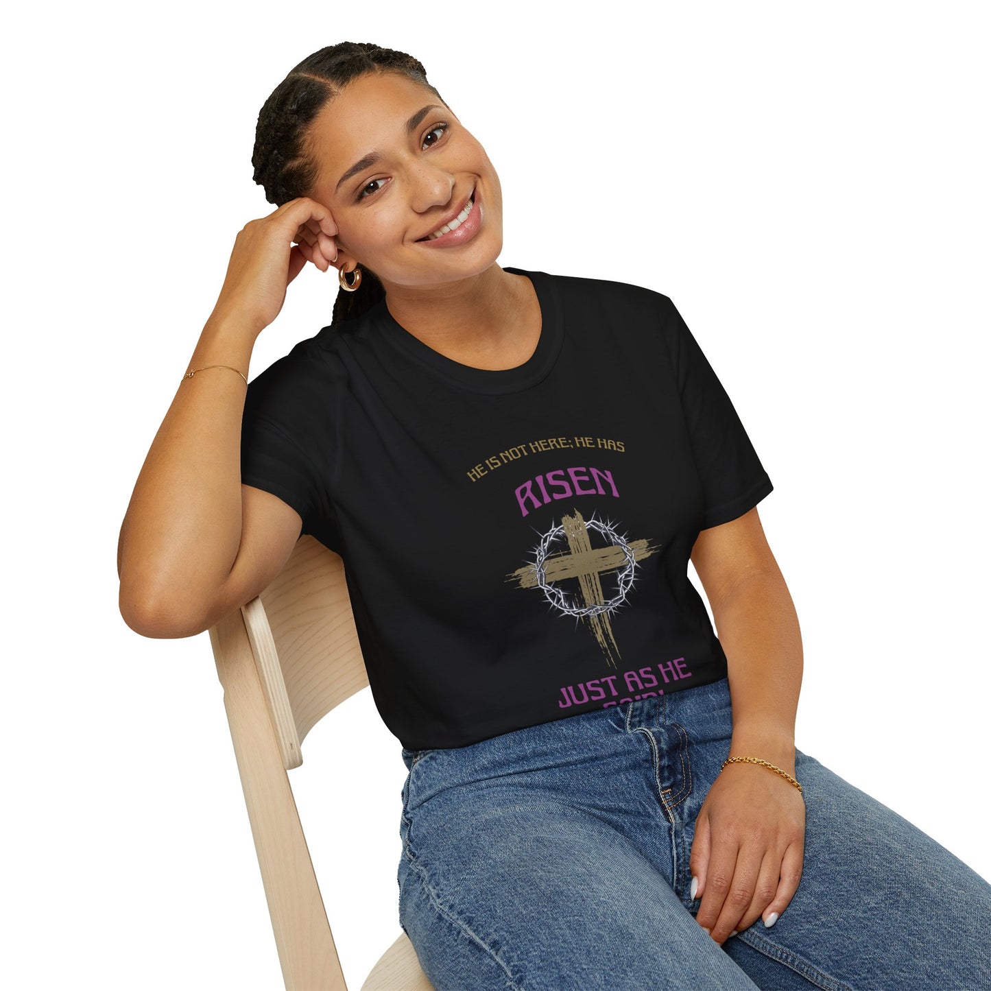 Christian Risen Cross T-Shirt — "He Is Not Here, He’s Risen" Easter Tee