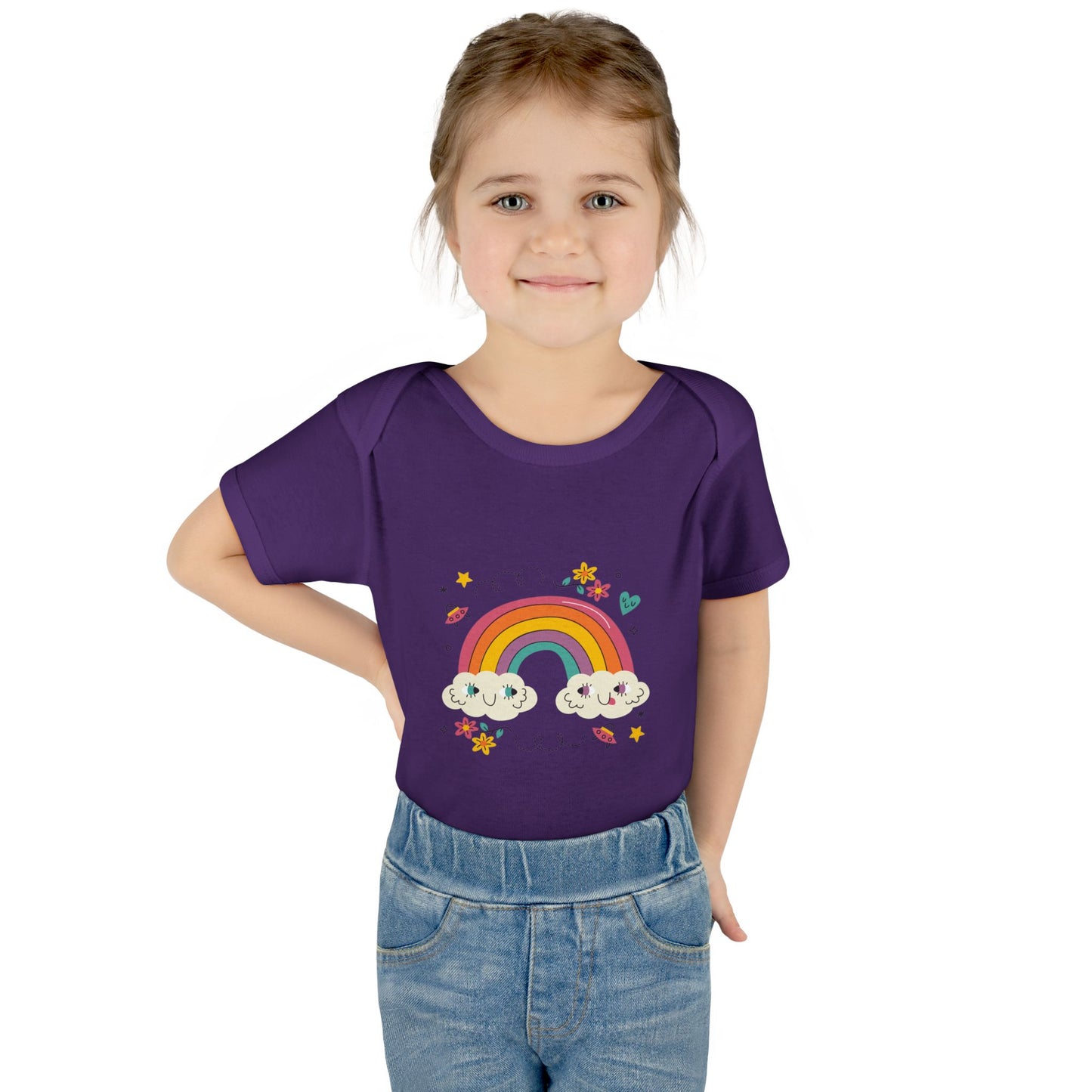 Baby Bodysuit — Cute Rainbow with Smiling Clouds Infant Onesie