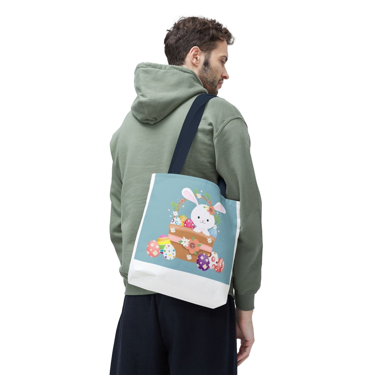Easter Bunny Tote Bag — Cute Floral Bunny with Painted Eggs All-Over Print