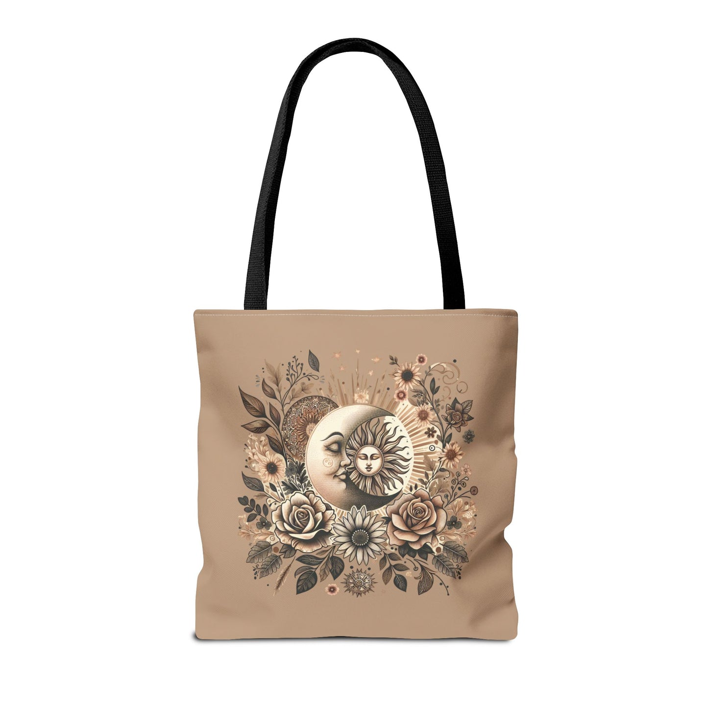 Celestial Sun & Moon Floral Tote Bag — Boho Vintage Astrology Beach Bag